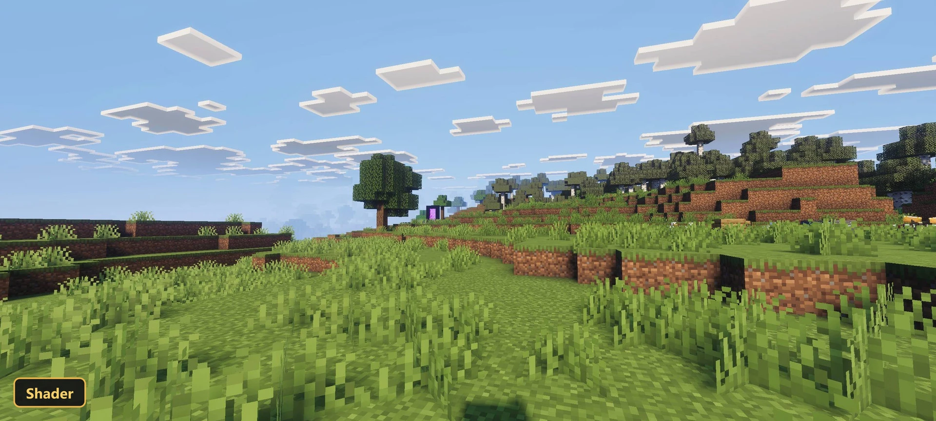 Sunny grassy hillside, single tree, distant purple nether portal