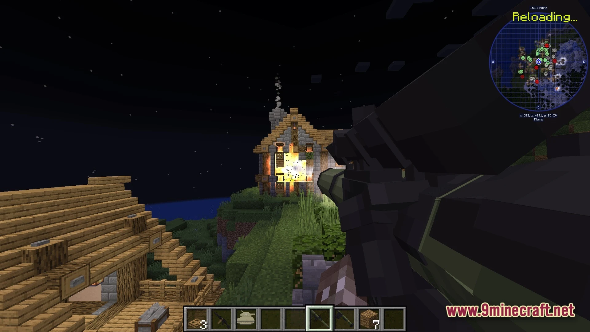 Frontier Combat Engine Modpack (1.20.1) – Guns Vehicles And Hardcore Survival 2 A player aims a rocket launcher at a wooden house exploding during the night in minecraft