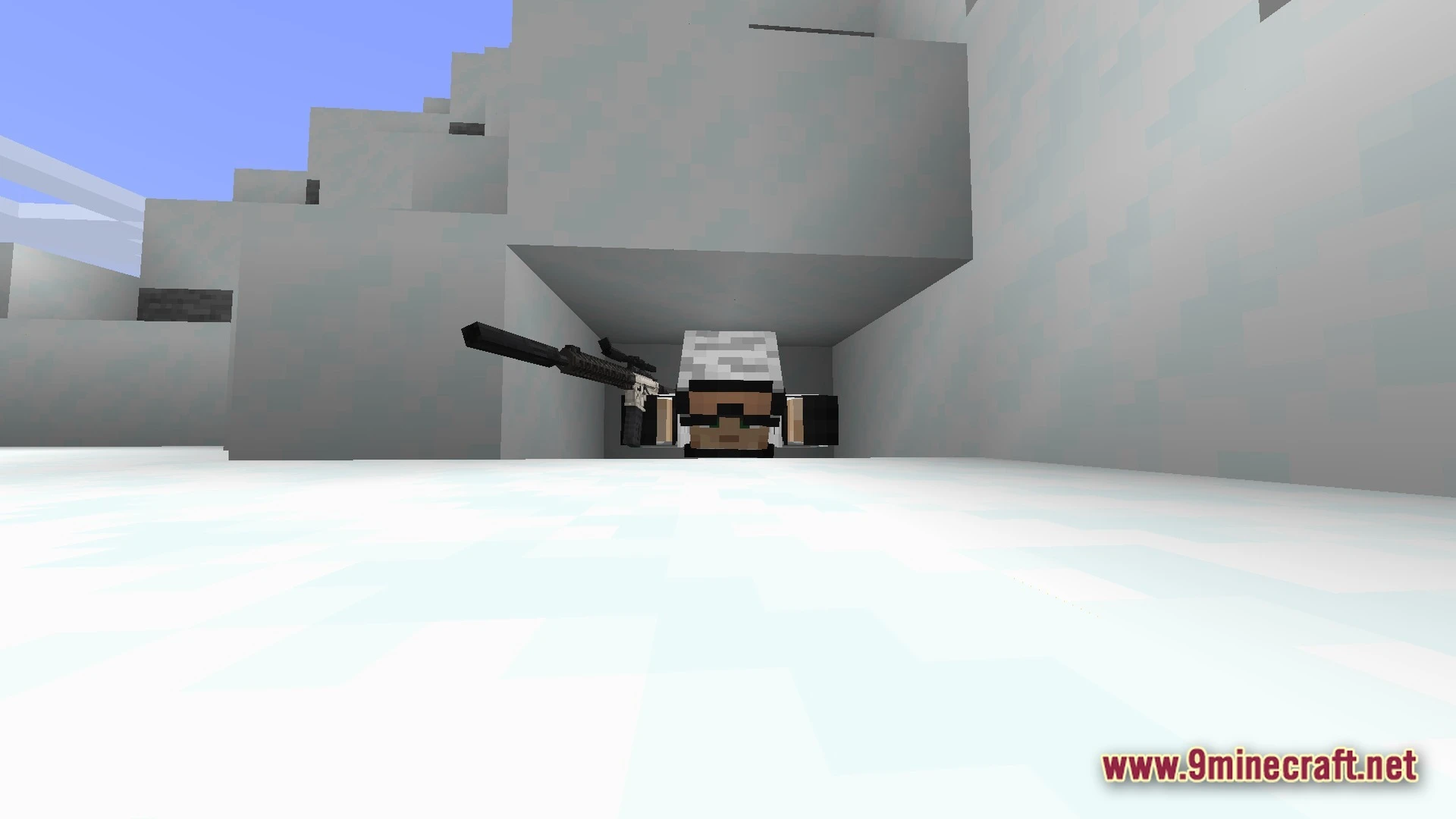 Frontier Combat Engine Modpack (1.20.1) – Guns Vehicles And Hardcore Survival 5 A player character in a prone position aims a scoped rifle from a snowy crevice
