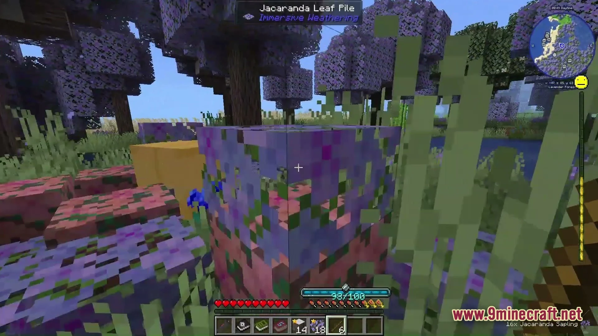 Grimsoul Unleashed Modpack (1.20.1) – Ai Survival Horror Adventure 2 A player explores a lavender forest biome featuring jacaranda leaf piles and purple-leafed trees