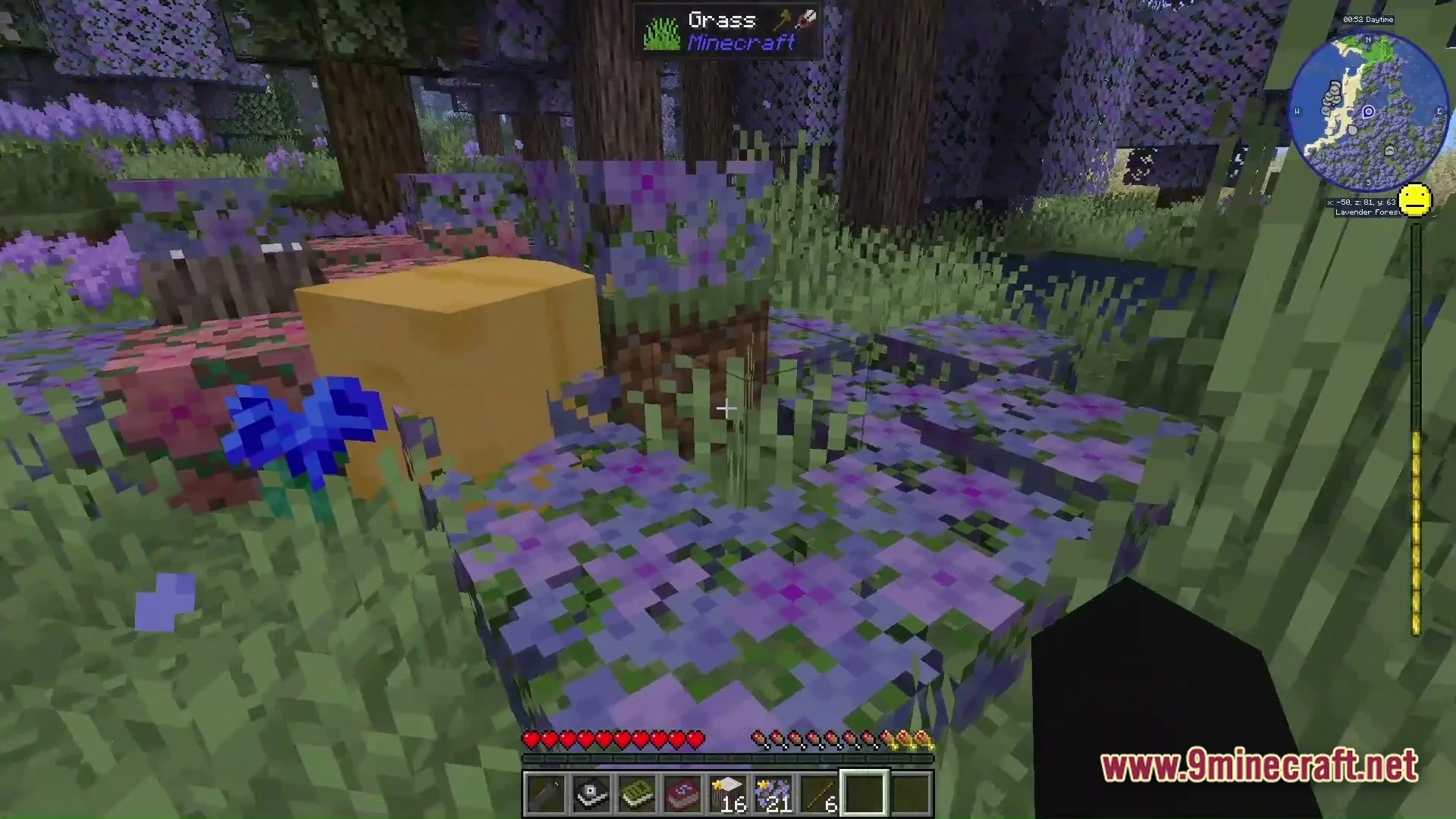 Grimsoul Unleashed Modpack (1.20.1) – Ai Survival Horror Adventure 3 A first-person view of a lavender forest biome featuring purple flowers and a yellow block