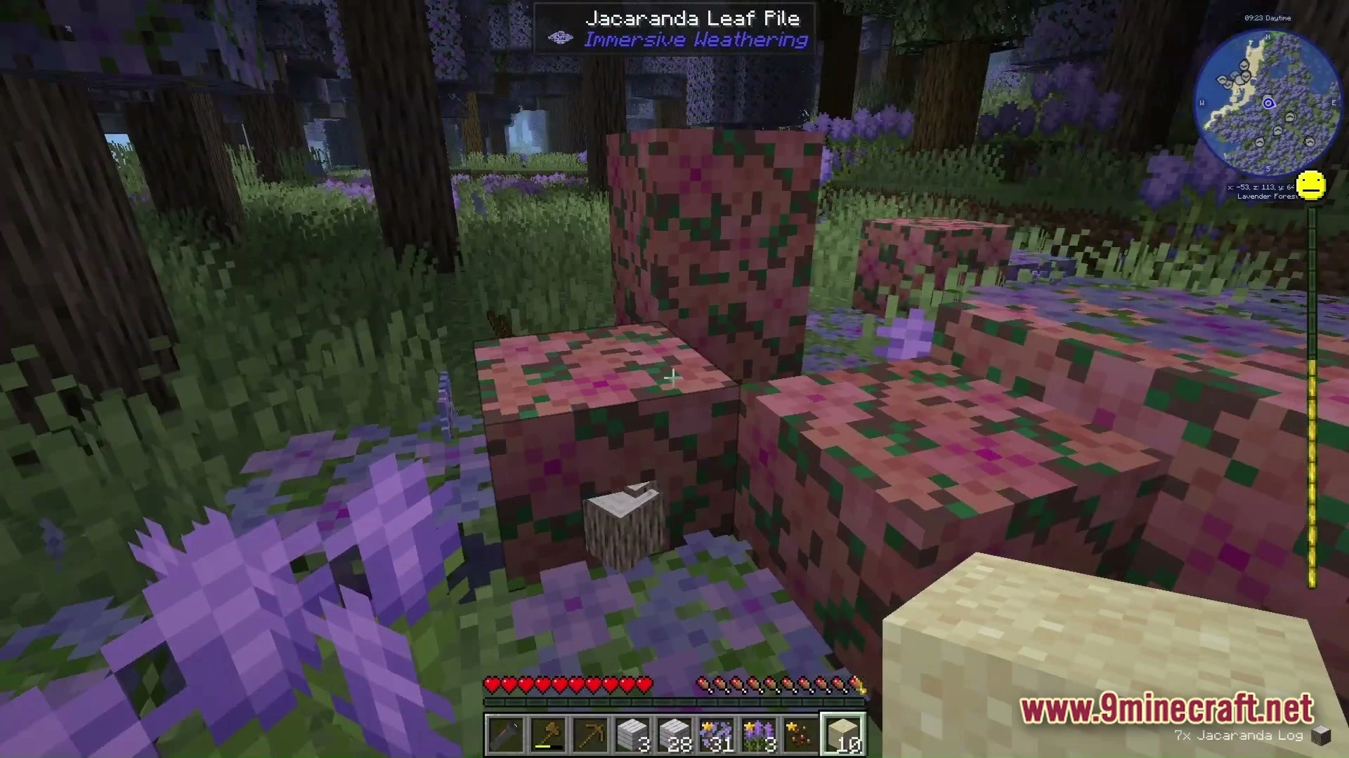 Grimsoul Unleashed Modpack (1.20.1) – Ai Survival Horror Adventure 5 A player gathers jacaranda leaf piles and logs within a purple lavender forest biome