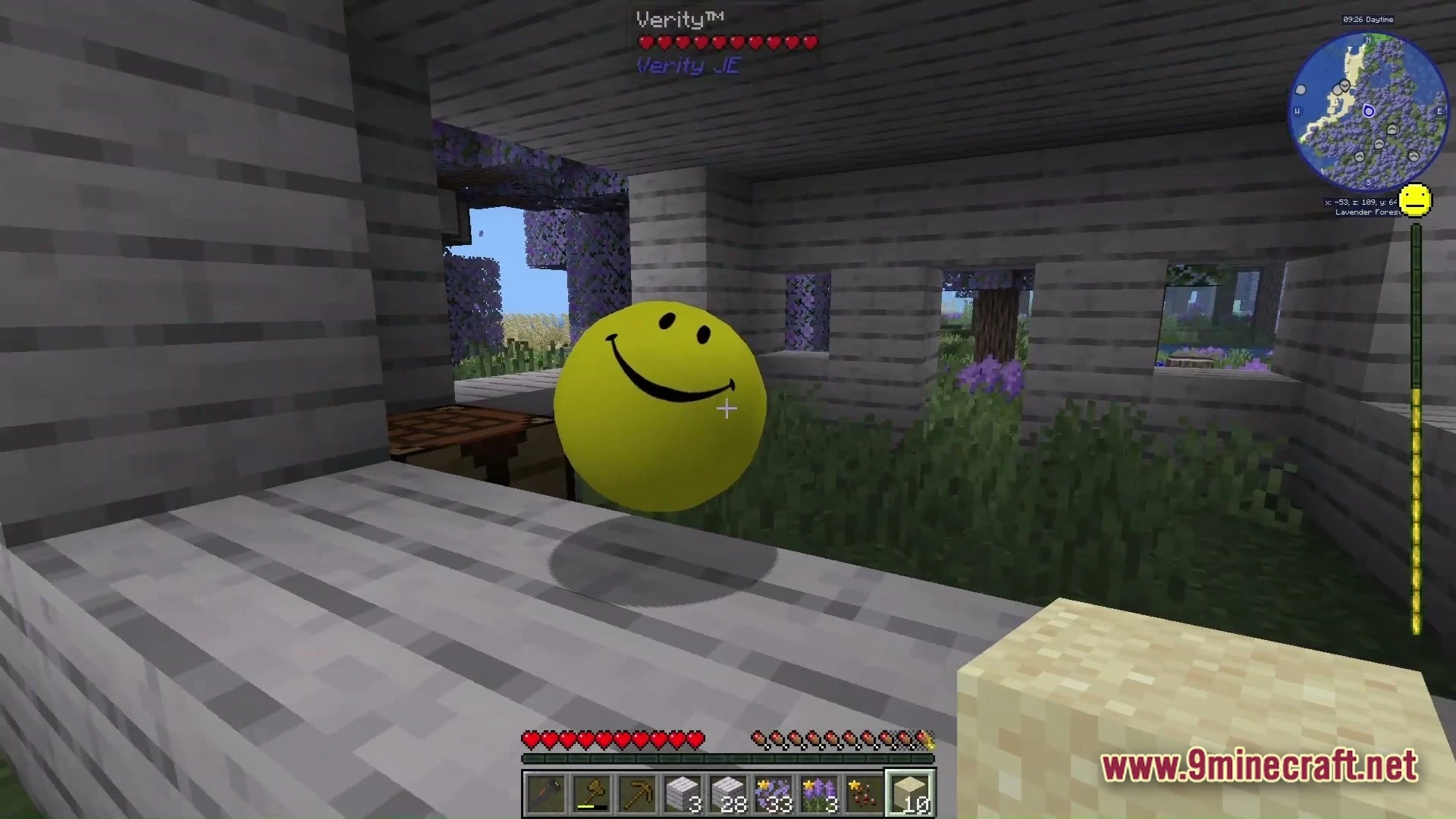 Grimsoul Unleashed Modpack (1.20.1) – Ai Survival Horror Adventure 6 A floating yellow smiley face entity inside a wooden structure within a lavender forest biome