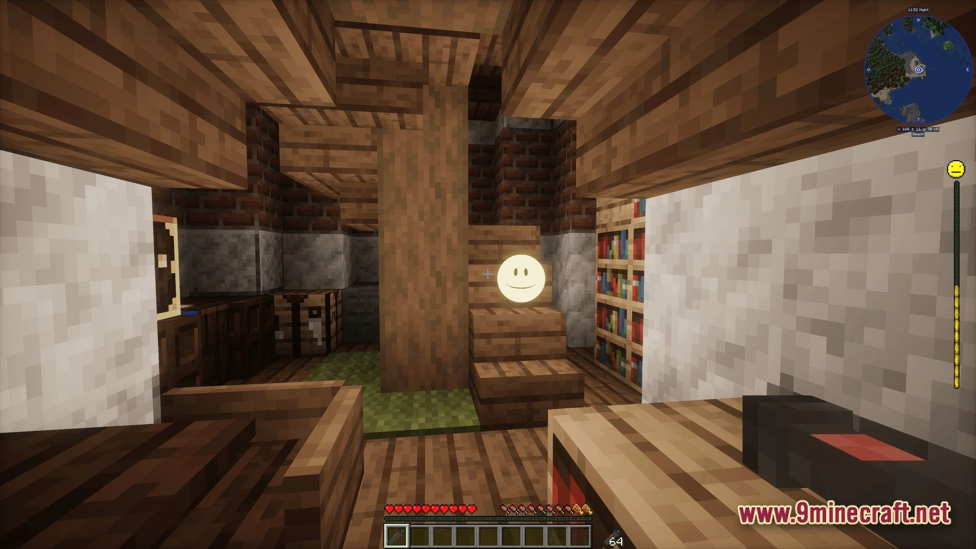 Grimsoul Unleashed Modpack (1.20.1) – Ai Survival Horror Adventure 8 A wooden interior featuring a staircase, bookshelves, and a glowing orb with a smiley face