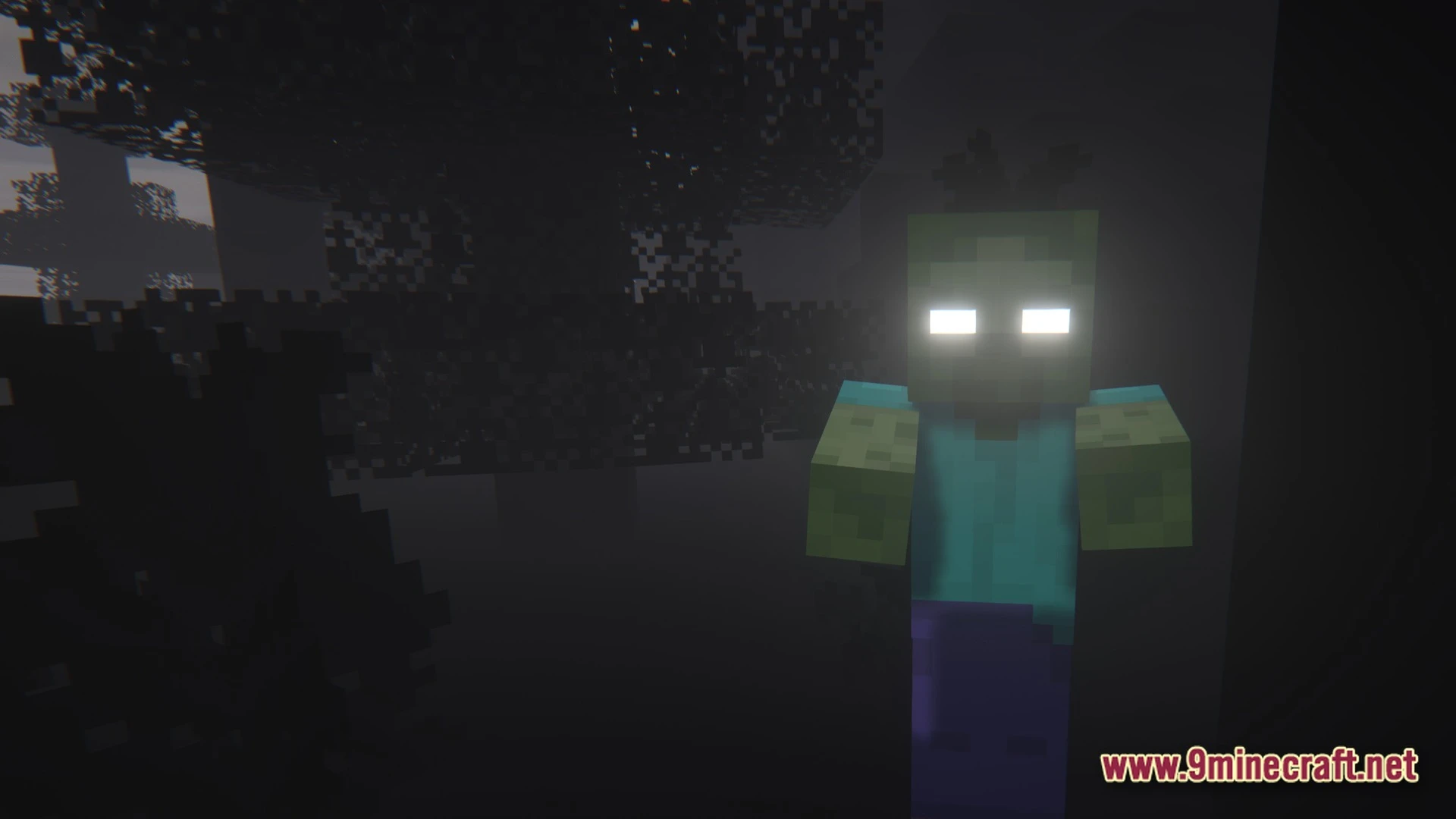 Grimsoul Unleashed Modpack (1.20.1) – Ai Survival Horror Adventure 10 A zombie with glowing white eyes stands in a dark, foggy forest at night