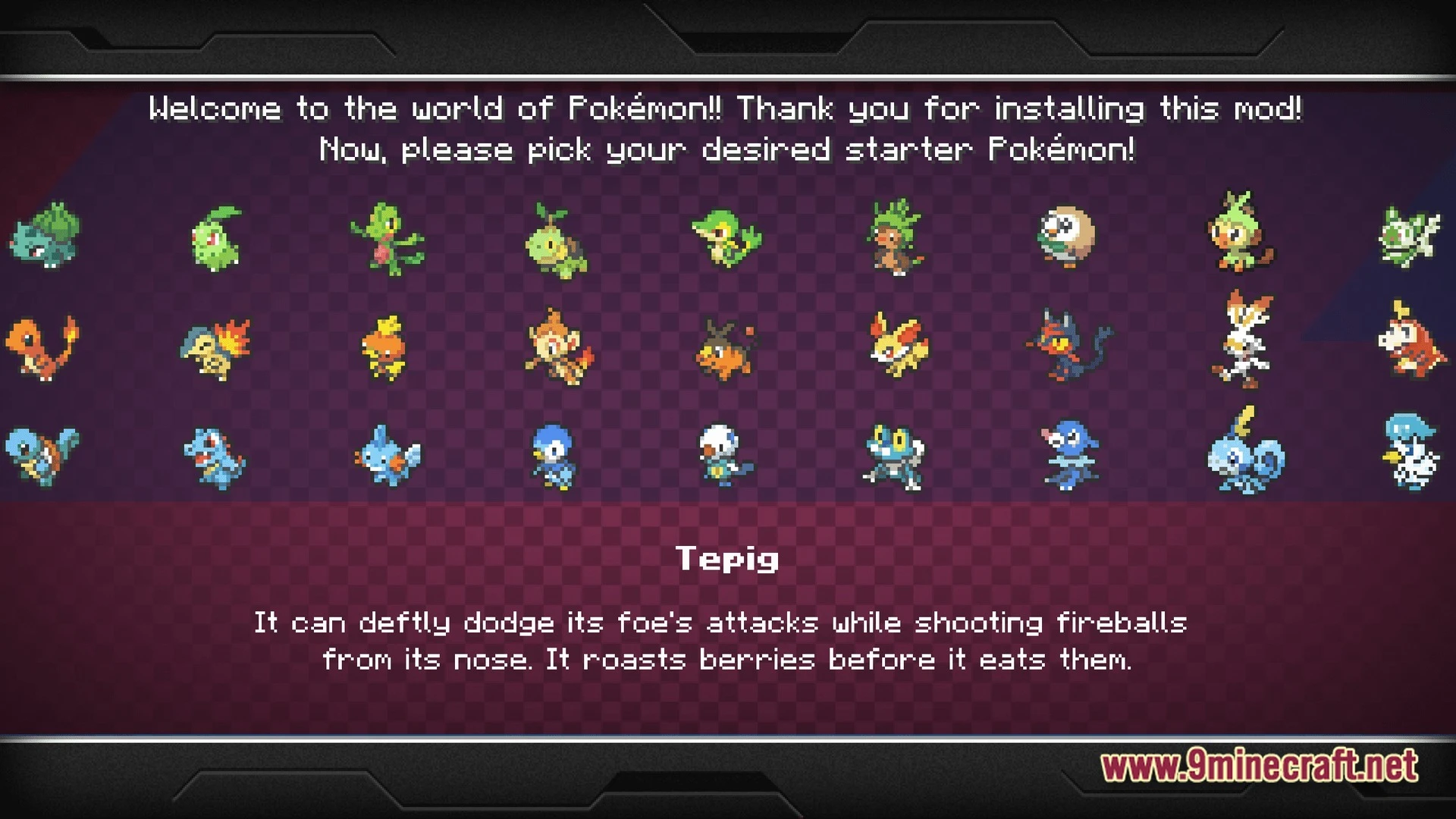 Horizon Bound Odyssey Modpack (1.20.1) – Catch Train And Cook Together 2 A selection screen for choosing a starter pokémon from various generations within the cobblemon mod