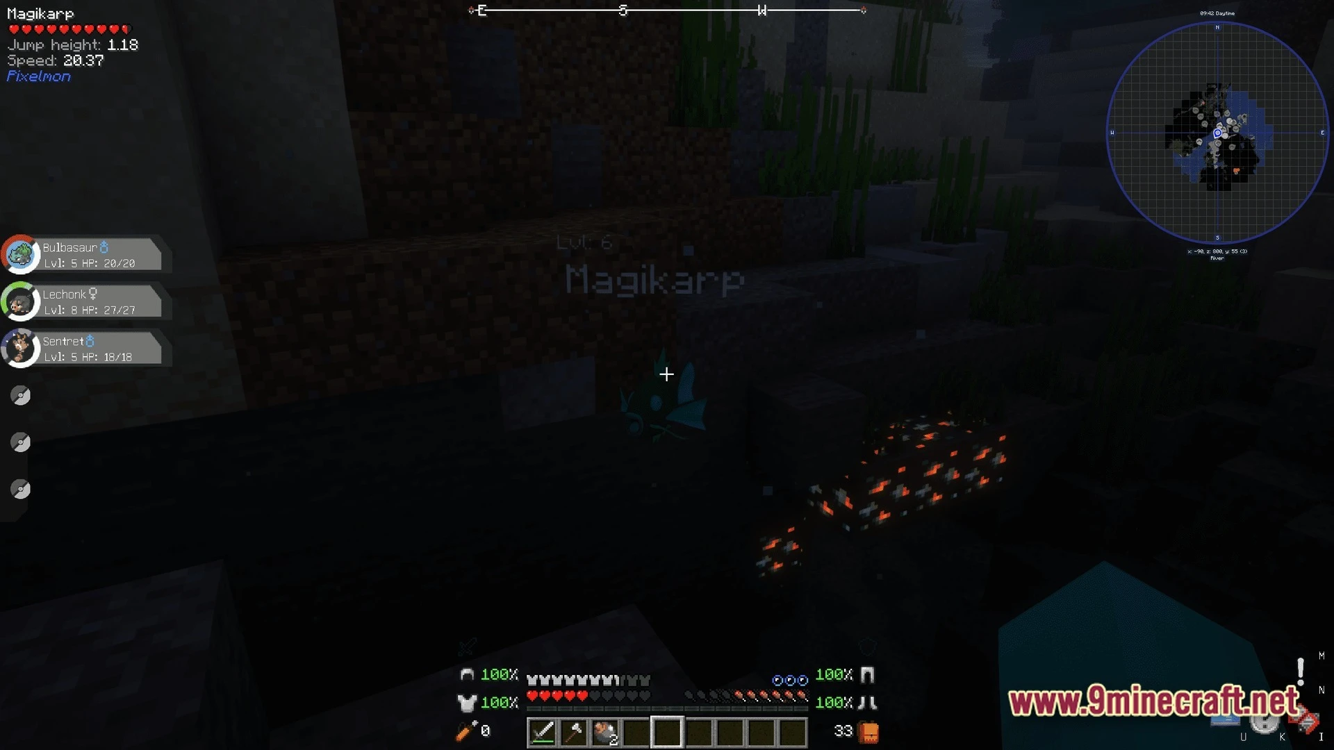 Horizon Bound Odyssey Modpack (1.20.1) – Catch Train And Cook Together 11 A level six magikarp swims underwater near glowing ore deposits in a river biome