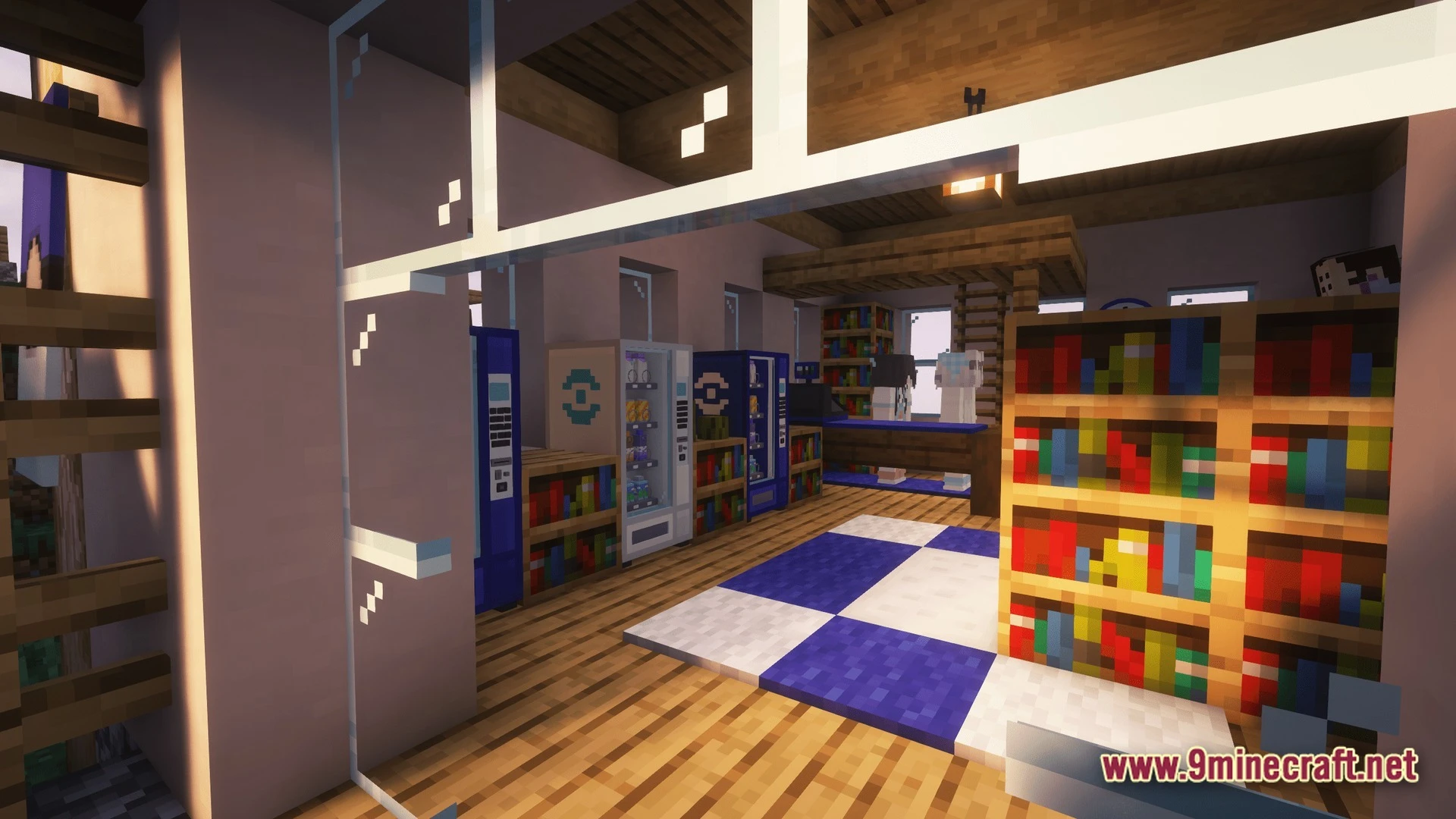 Horizon Bound Odyssey Modpack (1.20.1) – Catch Train And Cook Together 3 A cozy interior featuring bookshelves, vending machines, and a checkered floor under warm lighting