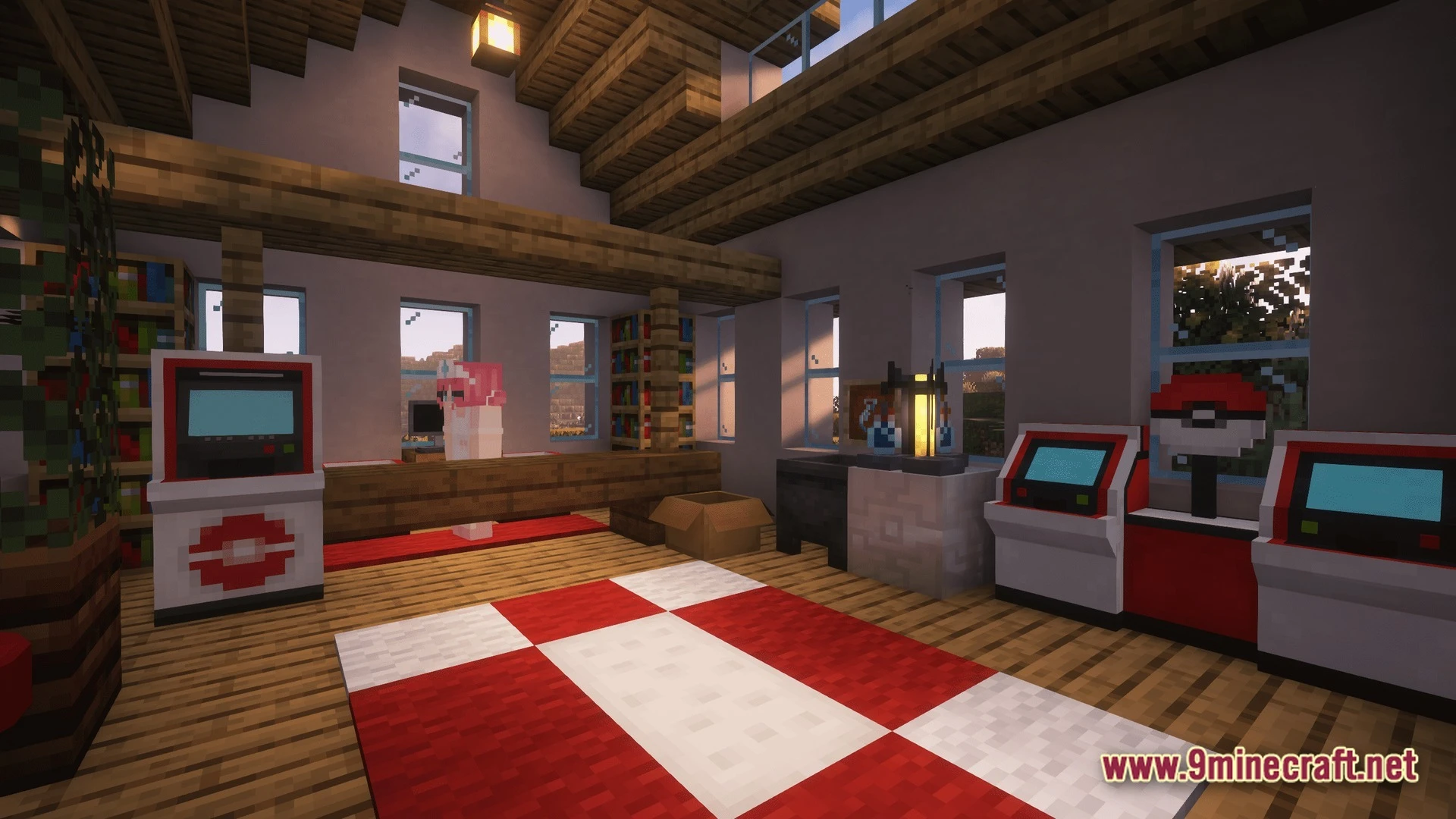 Horizon Bound Odyssey Modpack (1.20.1) – Catch Train And Cook Together 4 A wooden interior featuring cobblemon healing stations, pc terminals, and a red and white rug