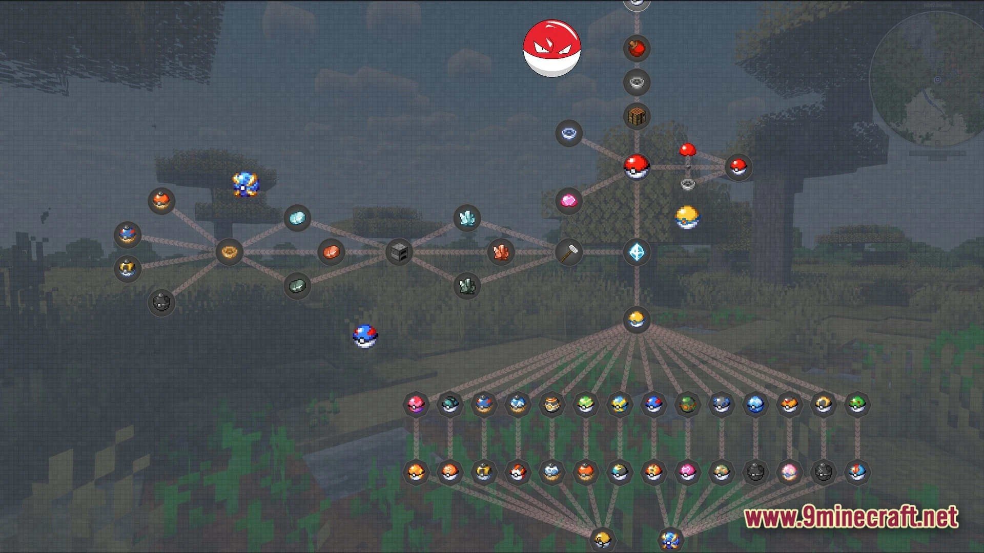 Horizon Bound Odyssey Modpack (1.20.1) – Catch Train And Cook Together 5 A quest tree interface displaying various poké balls and crafting materials over a savanna biome