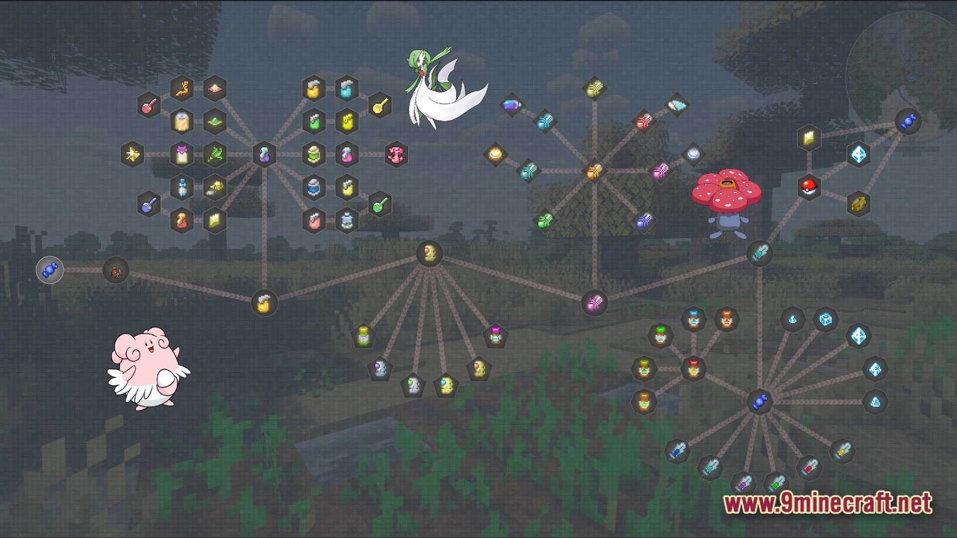 Horizon Bound Odyssey Modpack (1.20.1) – Catch Train And Cook Together 6 A quest book interface displaying various pokémon-related items and consumables over a grassy minecraft biome