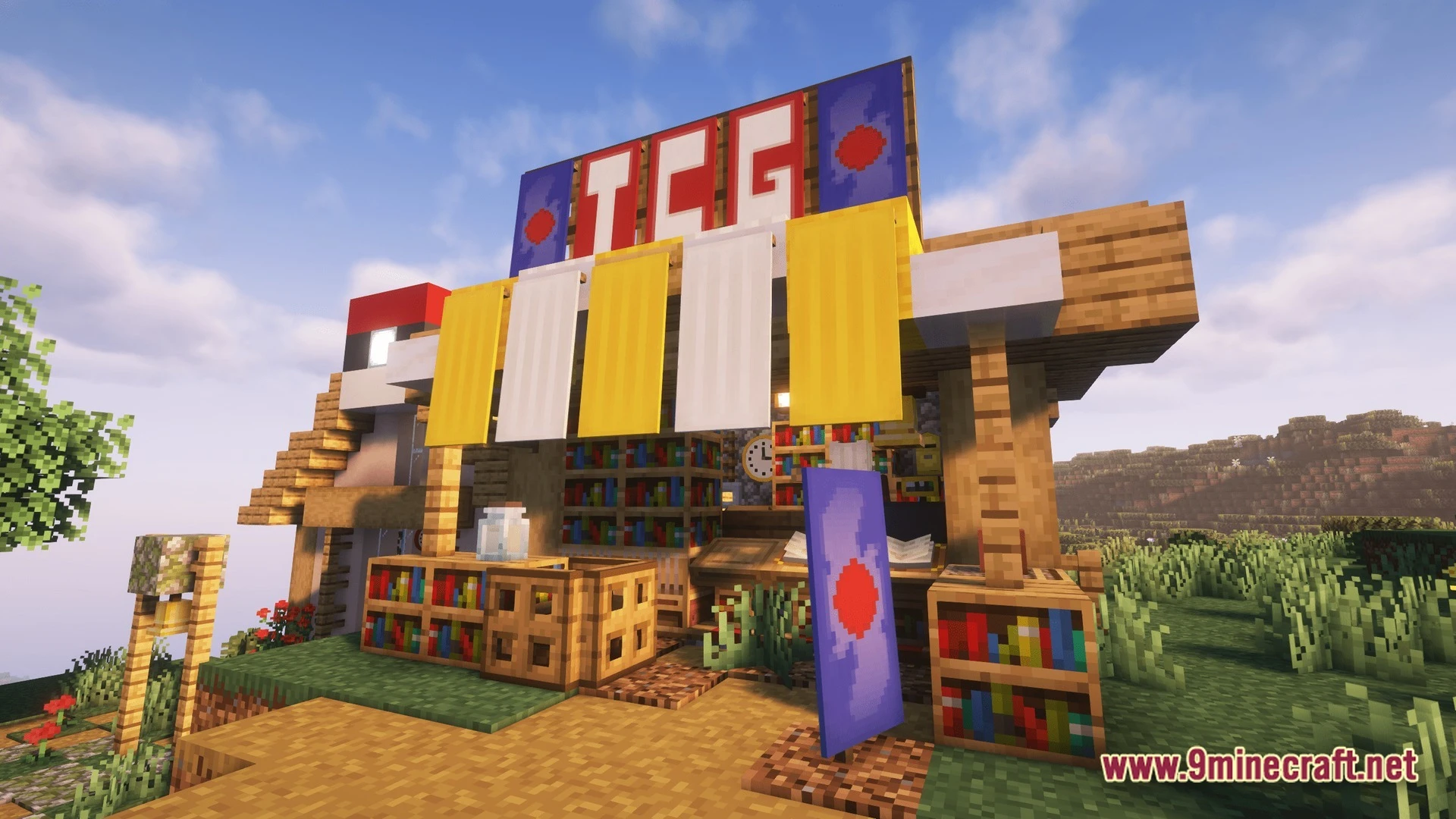 Horizon Bound Odyssey Modpack (1.20.1) – Catch Train And Cook Together 7 A wooden trading card game shop featuring banners, bookshelves, and a poké ball themed exterior design