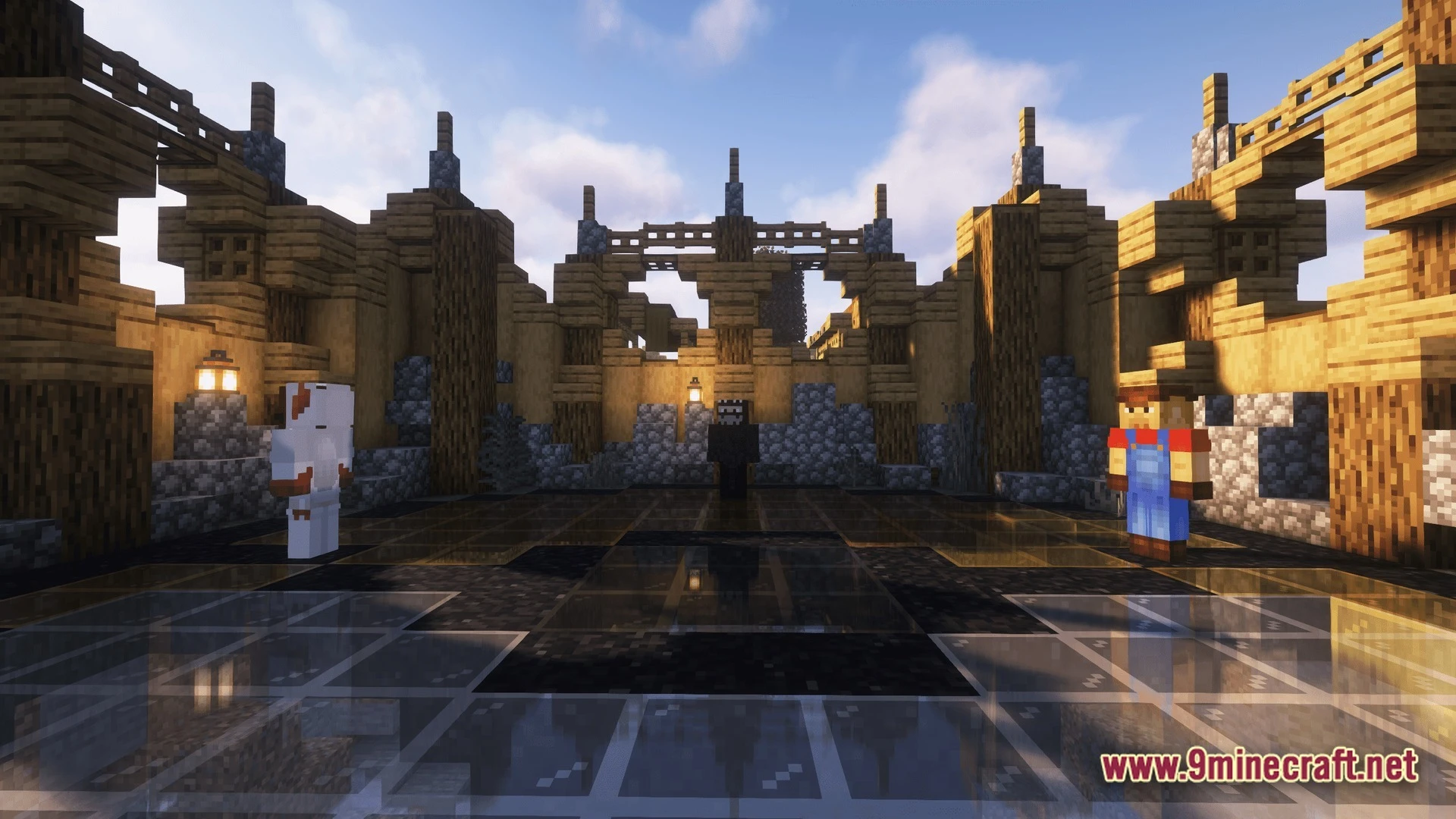 Horizon Bound Odyssey Modpack (1.20.1) – Catch Train And Cook Together 8 Three players stand on a reflective glass floor inside a large wooden and stone structure