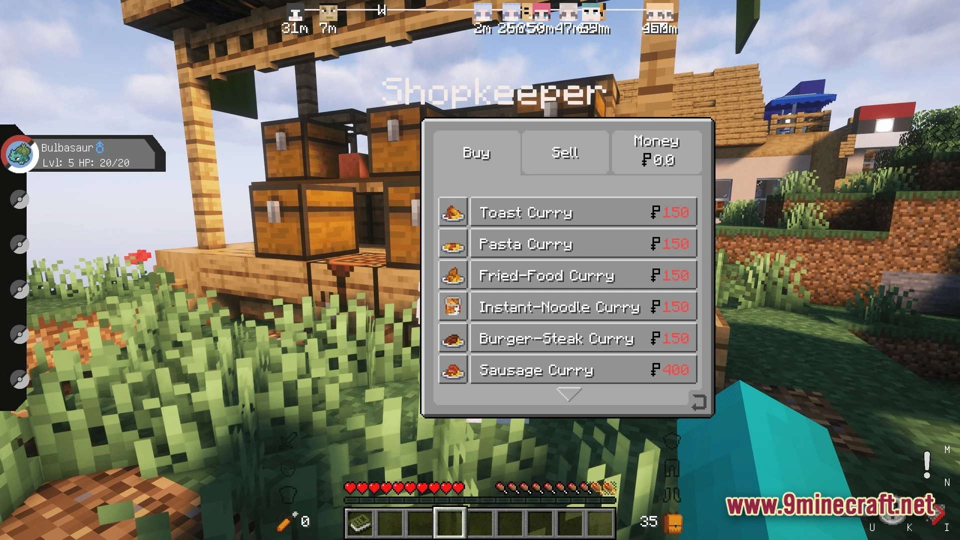 Horizon Bound Odyssey Modpack (1.20.1) – Catch Train And Cook Together 9 A player interacts with a shopkeeper interface to buy various curry dishes in a cobblemon environment