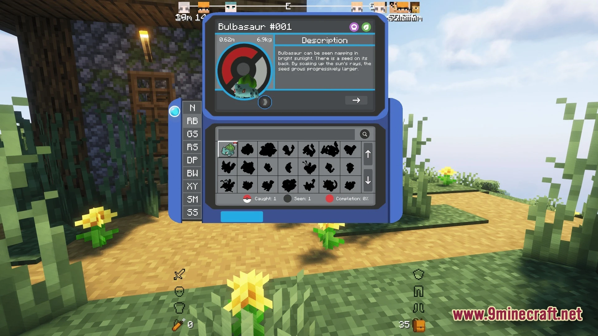 Horizon Bound Odyssey Modpack (1.20.1) – Catch Train And Cook Together 10 A player views the pokédex entry for bulbasaur while standing on a grassy path outdoors