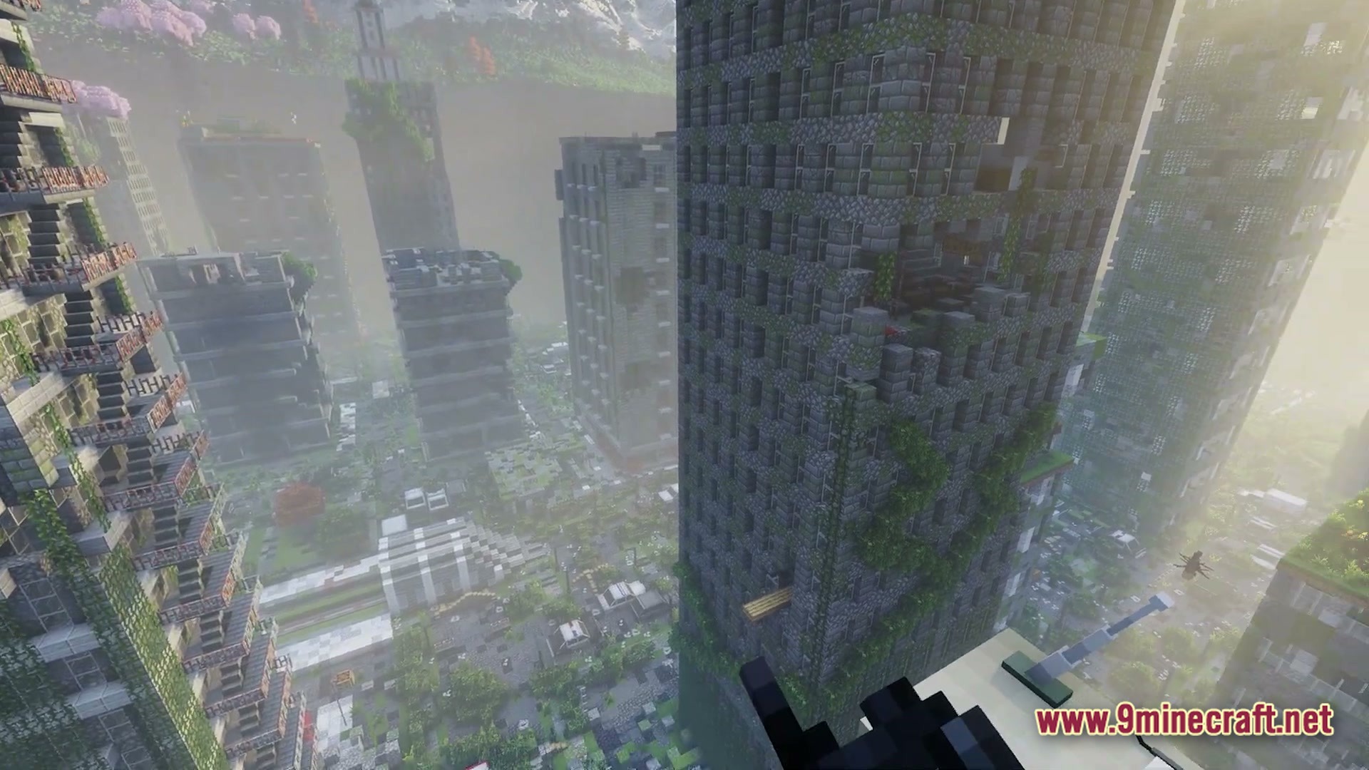 Infernal Kinetic Dread Modpack (1.21.1) – Build Machines Survive Horrors 2 Overgrown stone skyscrapers and abandoned city streets covered in vines and fog in a post-apocalyptic landscape