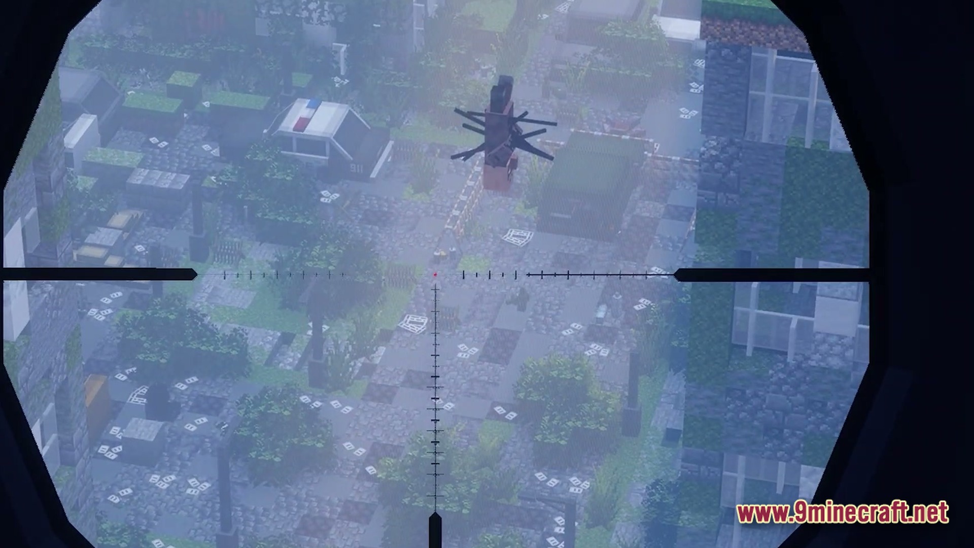 Infernal Kinetic Dread Modpack (1.21.1) – Build Machines Survive Horrors 3 A sniper scope view overlooks a foggy, overgrown city street with abandoned vehicles and a helicopter