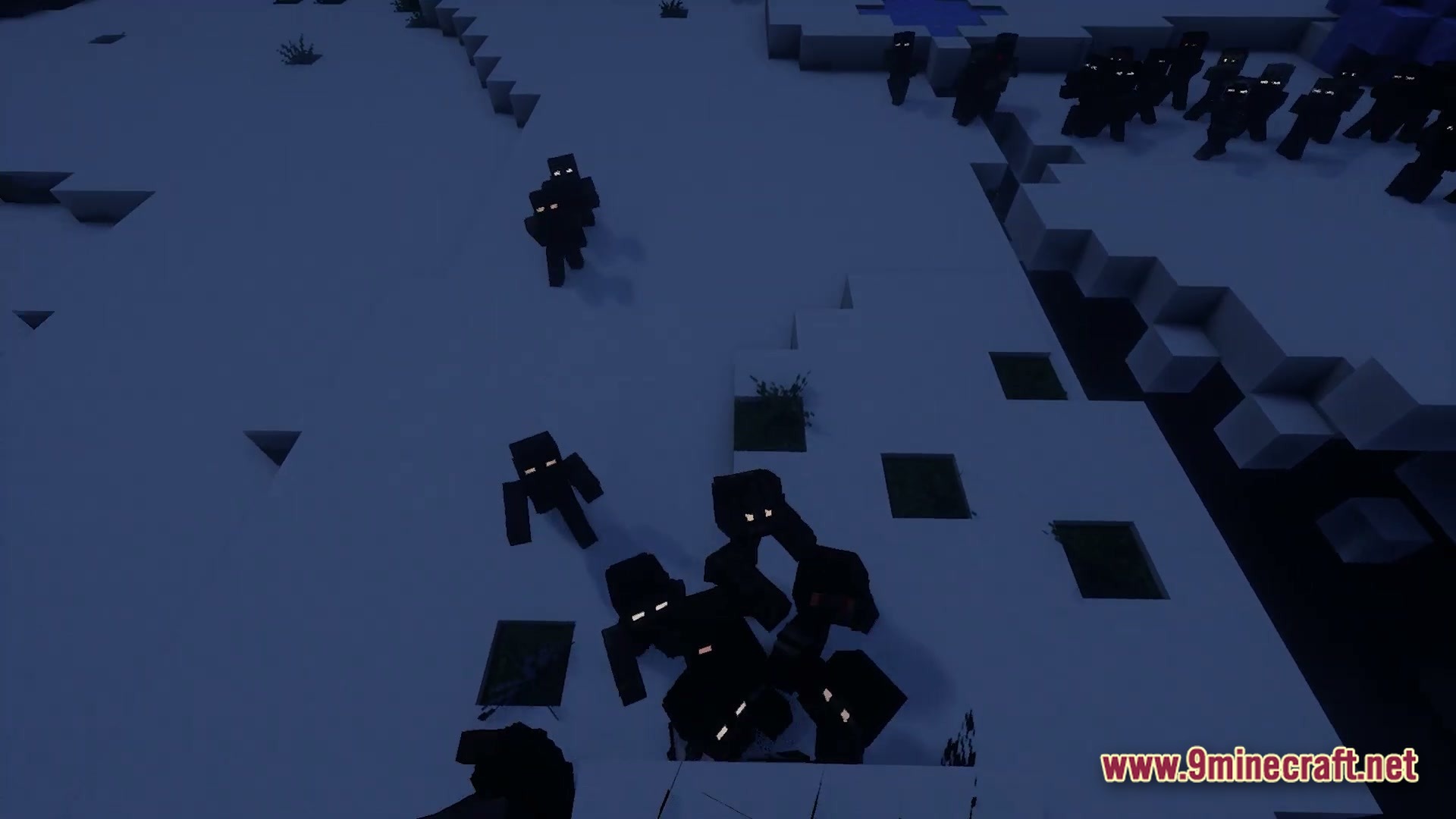 Infernal Kinetic Dread Modpack (1.21.1) – Build Machines Survive Horrors 4 A large group of shadowy, glowing-eyed mobs congregates on a snowy landscape during the night