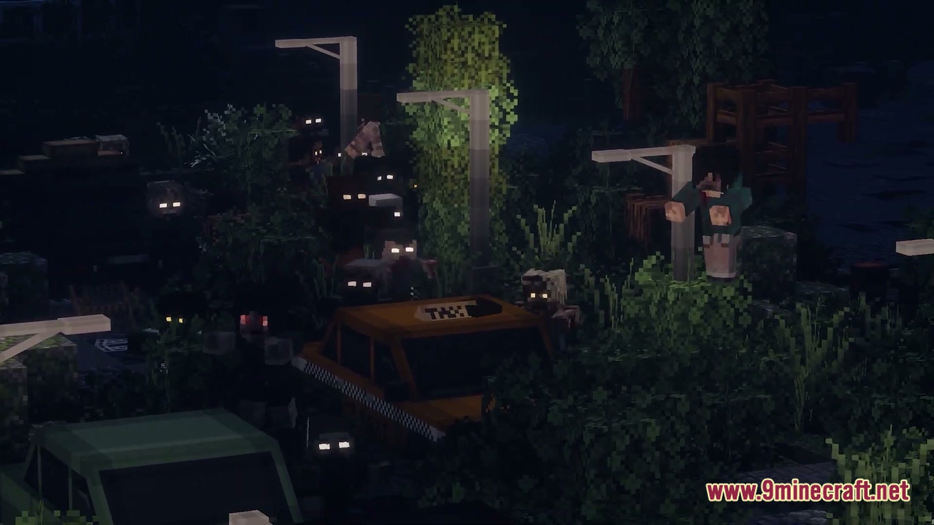 Infernal Kinetic Dread Modpack (1.21.1) – Build Machines Survive Horrors 5 A horde of glowing-eyed zombies surrounds abandoned vehicles in an overgrown, post-apocalyptic urban environment at night