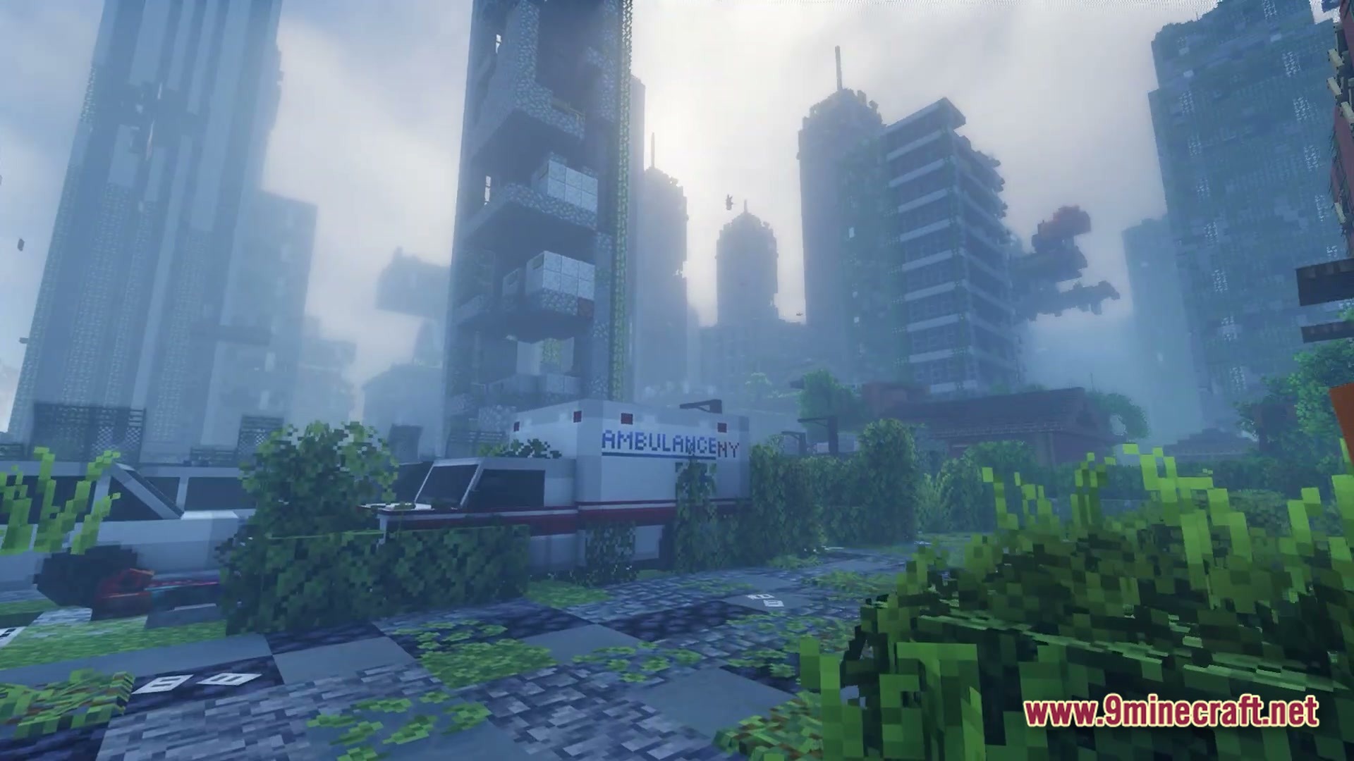 Infernal Kinetic Dread Modpack (1.21.1) – Build Machines Survive Horrors 6 An abandoned ambulance sits on an overgrown street surrounded by ruined skyscrapers in a foggy city