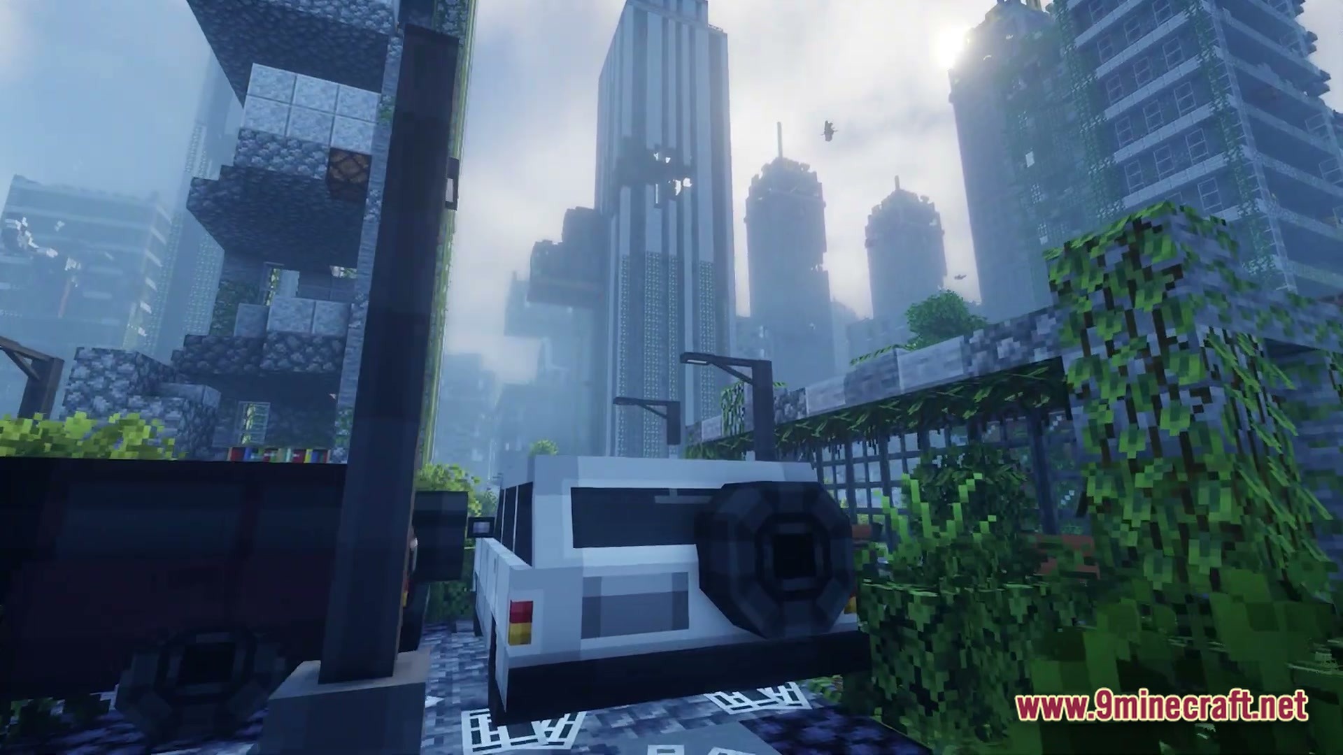 Infernal Kinetic Dread Modpack (1.21.1) – Build Machines Survive Horrors 7 An abandoned white vehicle sits on a street surrounded by overgrown skyscrapers in a ruined city