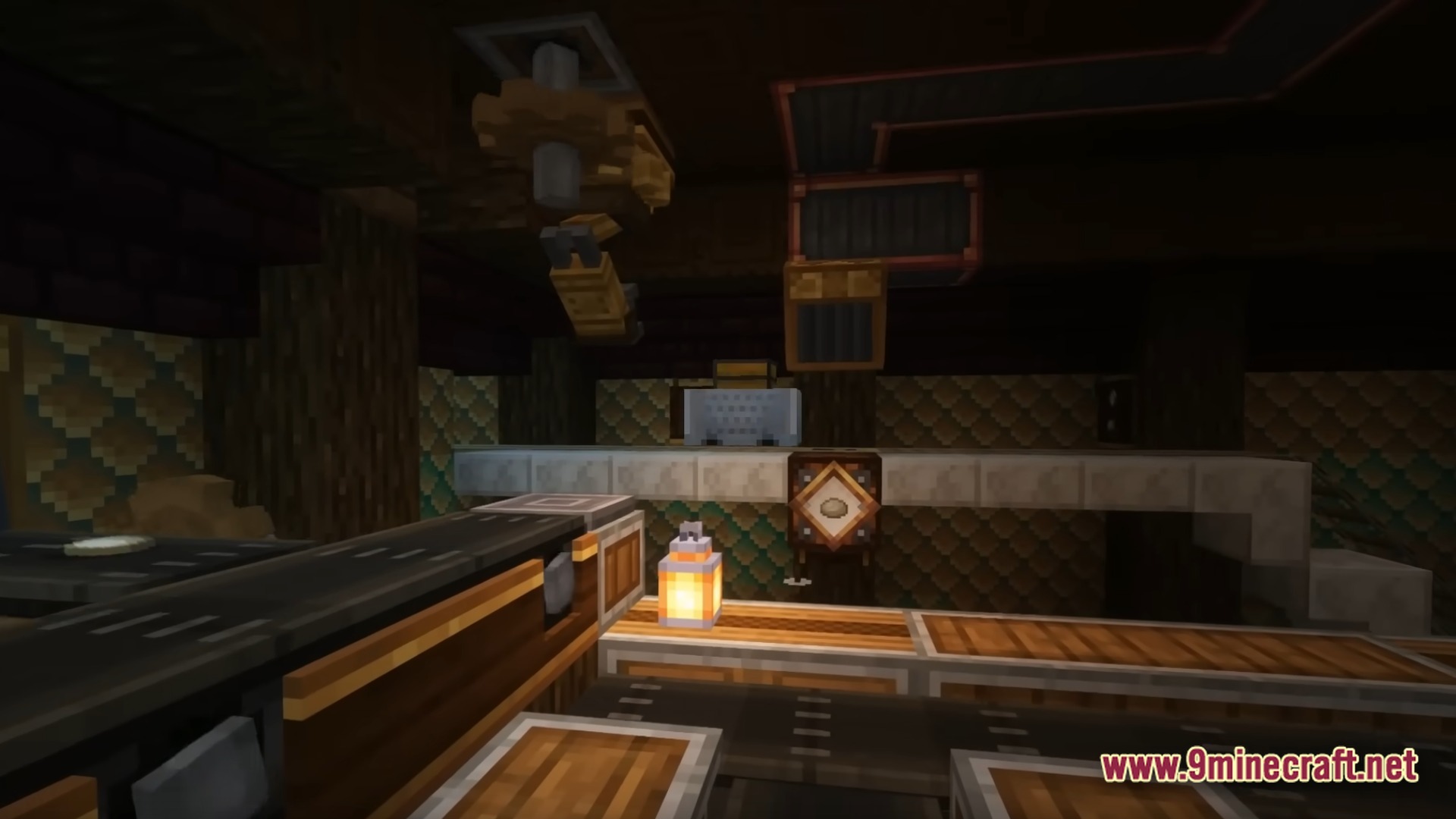 Infernal Kinetic Dread Modpack (1.21.1) – Build Machines Survive Horrors 8 An industrial interior featuring mechanical arms, conveyor belts, and brass machinery from the create mod