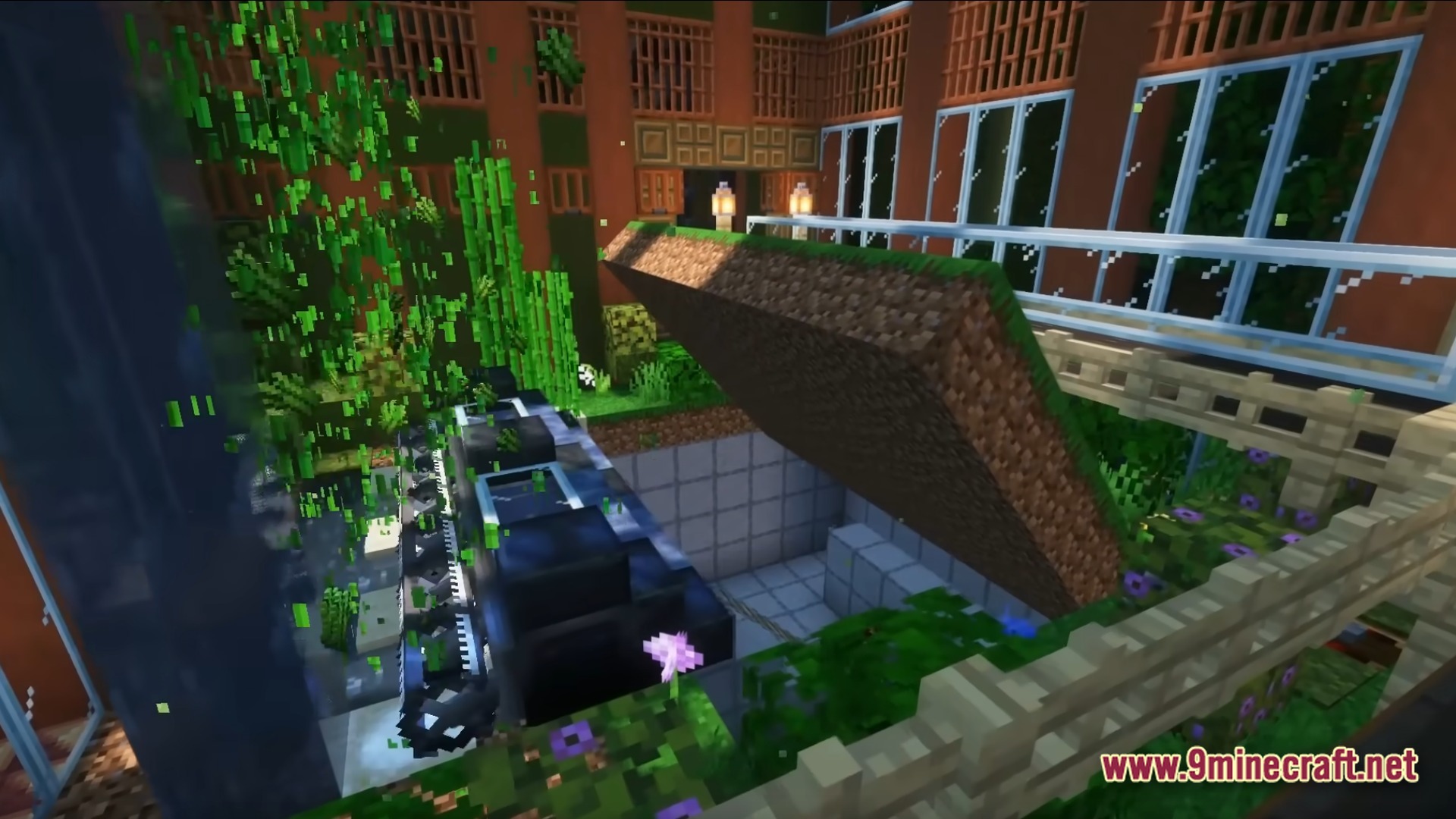Infernal Kinetic Dread Modpack (1.21.1) – Build Machines Survive Horrors 9 A mechanical grass hatch opening to reveal a hidden underground facility with industrial machinery