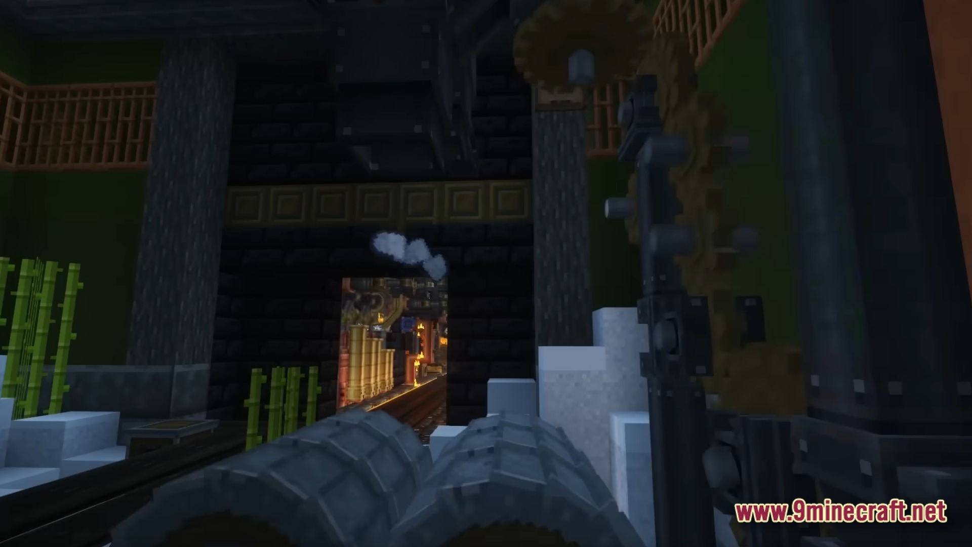 Infernal Kinetic Dread Modpack (1.21.1) – Build Machines Survive Horrors 10 Large industrial machinery and rotating gears positioned near a dark stone entrance with bamboo plants