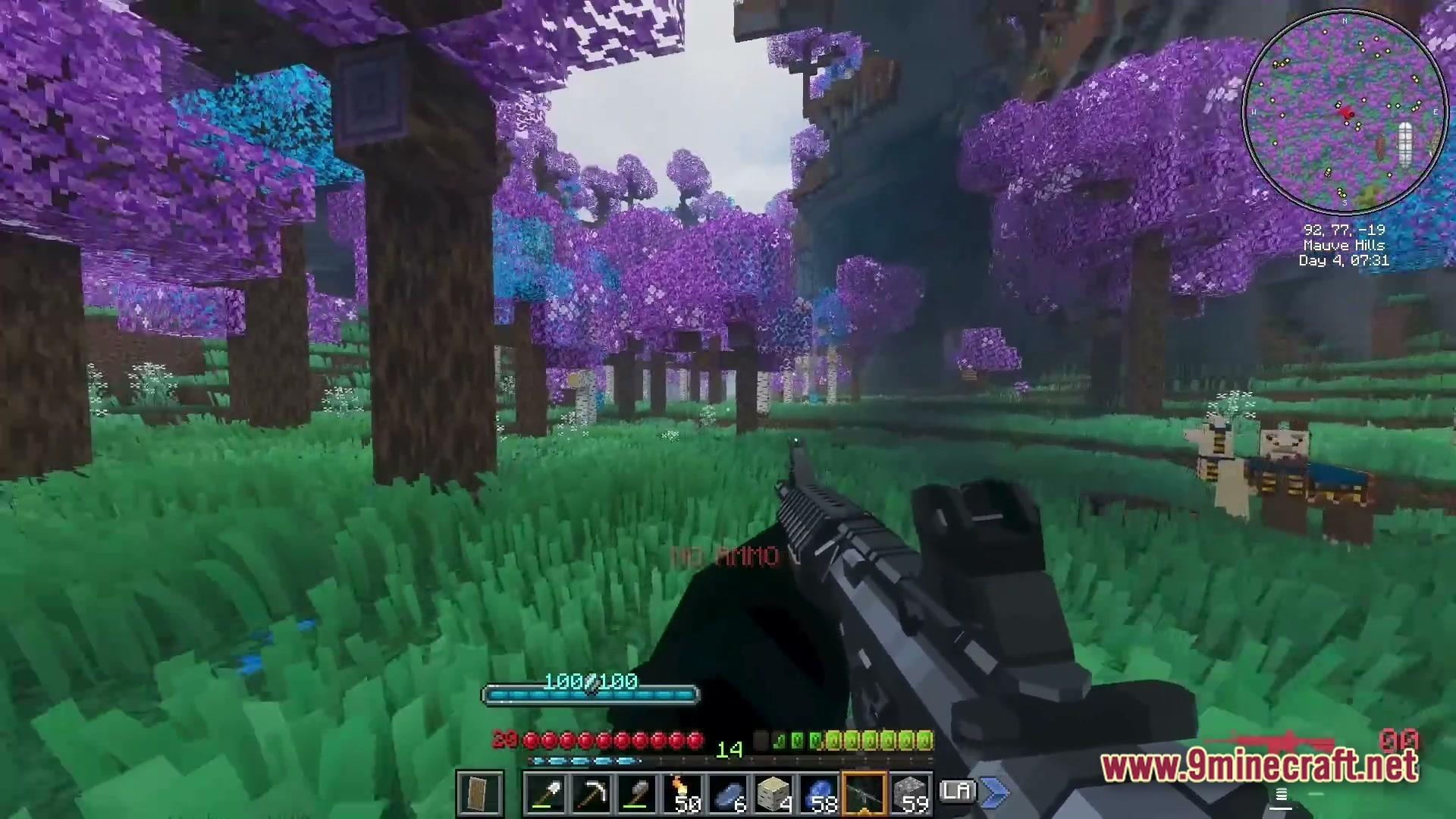 A player holds a firearm while exploring a mauve hills biome with purple and blue trees