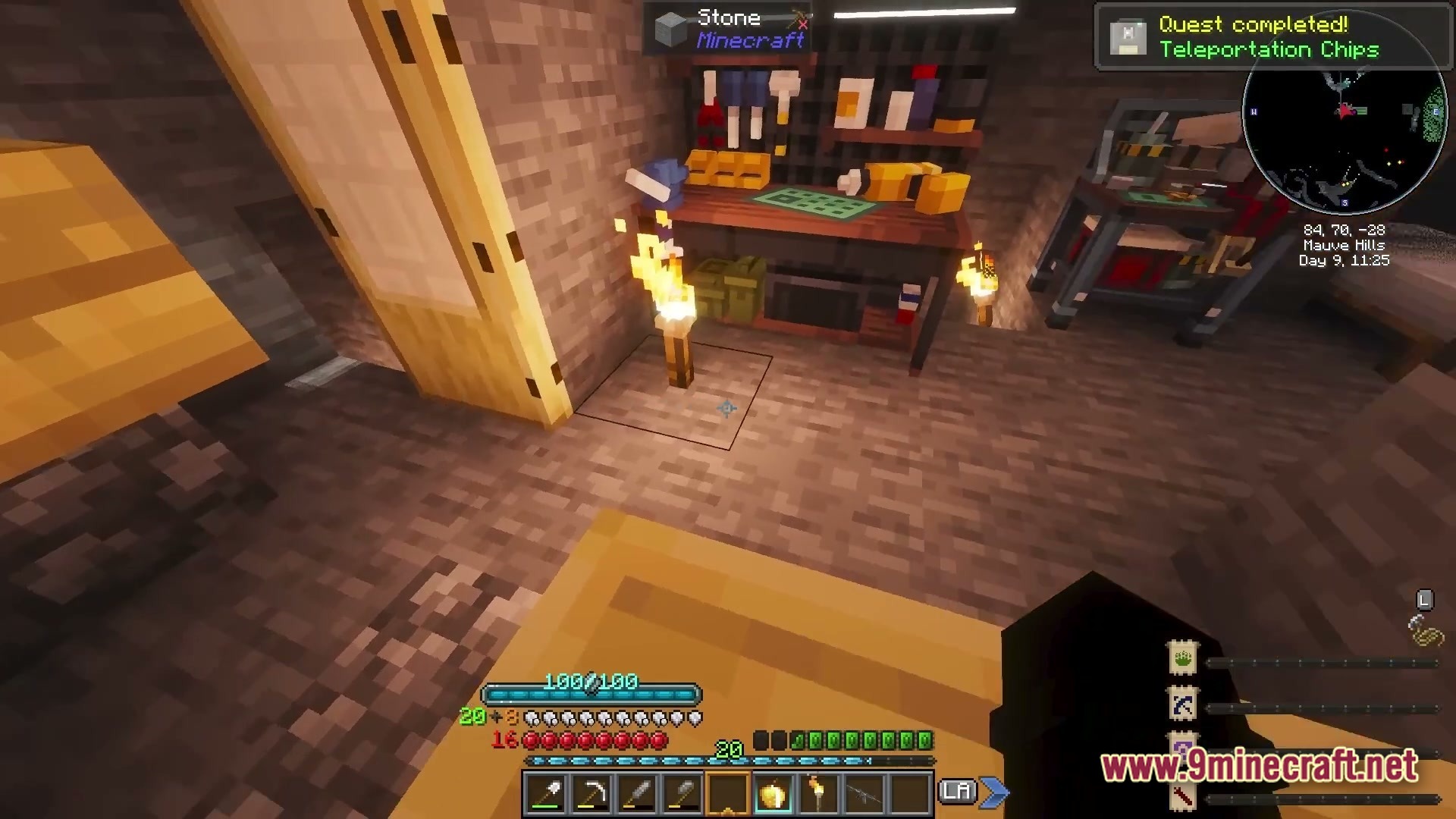 A player stands in a stone room with workbenches, tools, and a completed teleportation quest