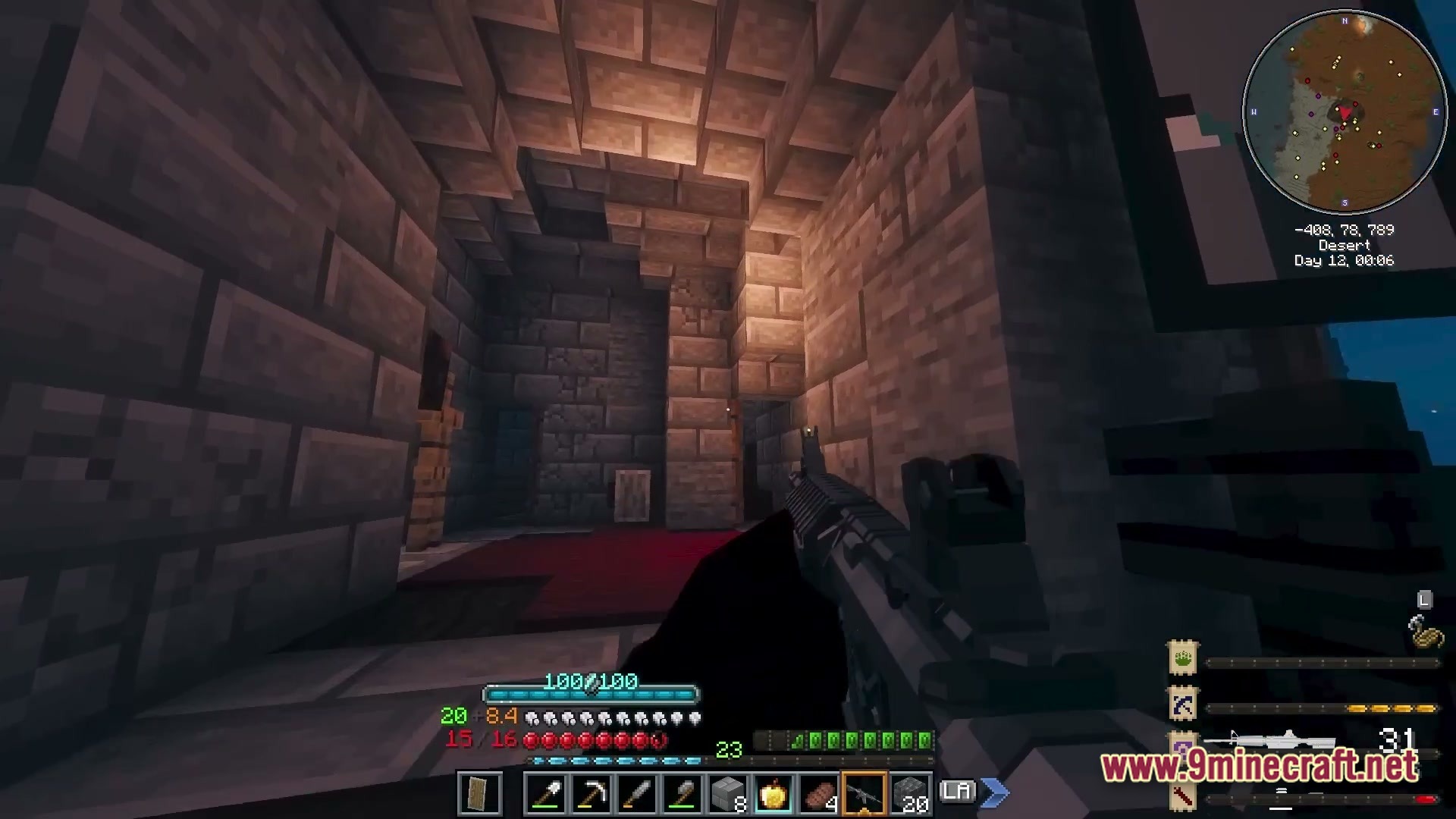 A first-person perspective of a player holding a firearm inside a stone brick dungeon structure