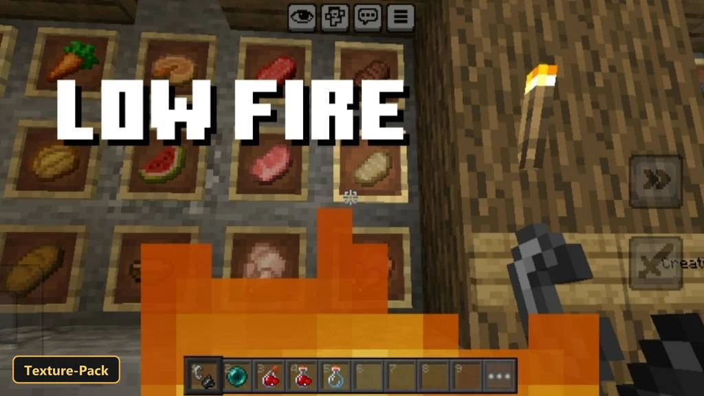 Lite Fps (26+, 1.21) – Mcpe/Bedrock Texture Pack 3 Player's view of low fire effect, item frames on wall