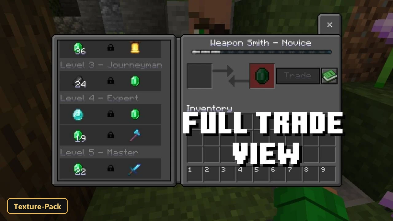 Lite Fps (26+, 1.21) – Mcpe/Bedrock Texture Pack 4 Trading interface with villager, showing trade options