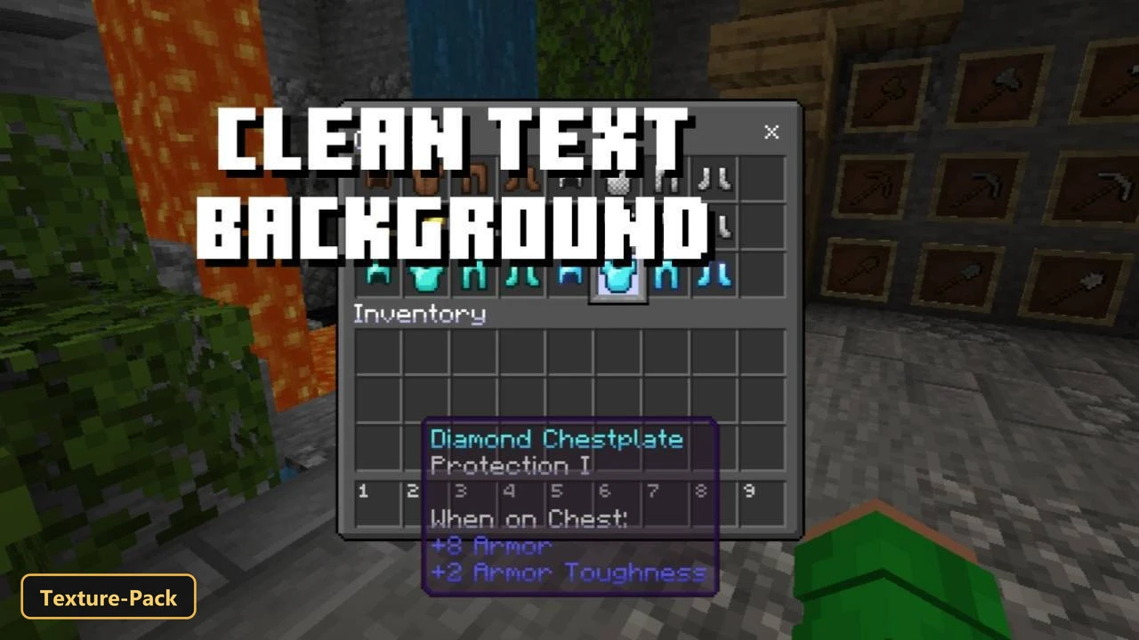 Lite Fps (26+, 1.21) – Mcpe/Bedrock Texture Pack 5 Inventory screen with clear text background, lava and water in background