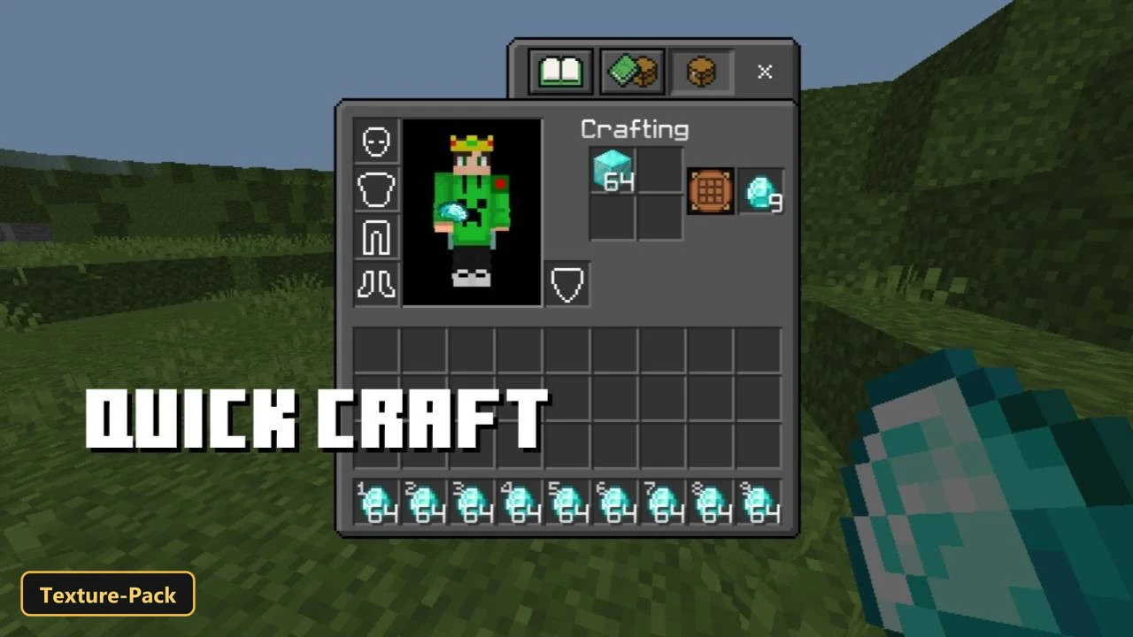 Lite Fps (26+, 1.21) – Mcpe/Bedrock Texture Pack 6 Crafting interface with player character, green grassy field