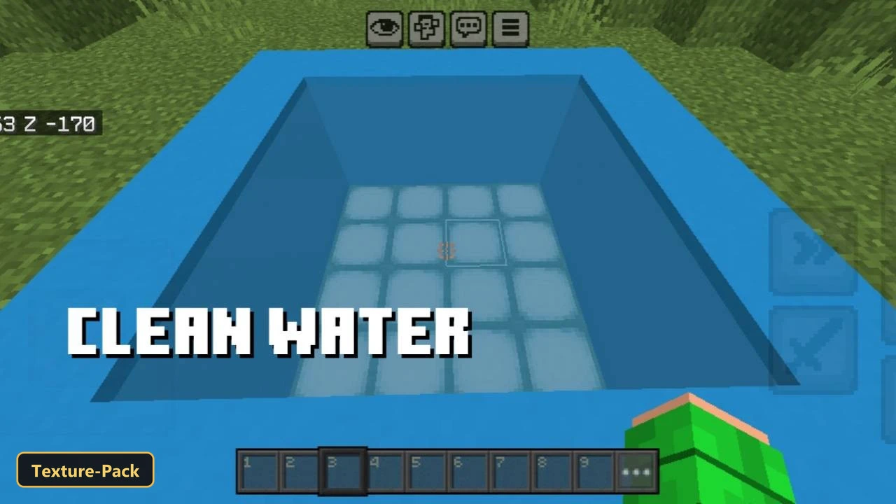 Lite Fps (26+, 1.21) – Mcpe/Bedrock Texture Pack 7 Clear blue water in a square pool, grassy landscape