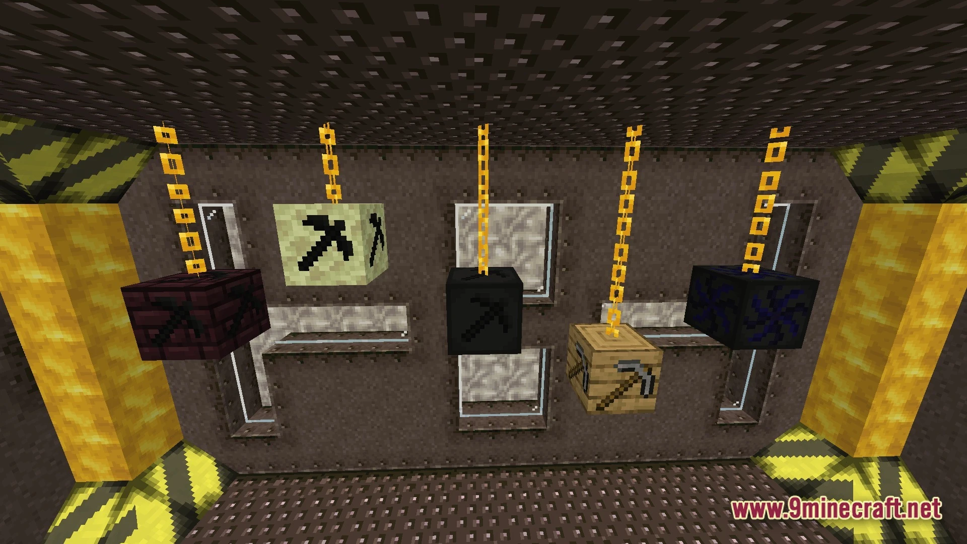 Lithic Progression Modpack (1.20.1) – Carve Automate And Conquer Below 8 Five textured blocks with pickaxe icons hanging from gold chains inside a metallic industrial structure