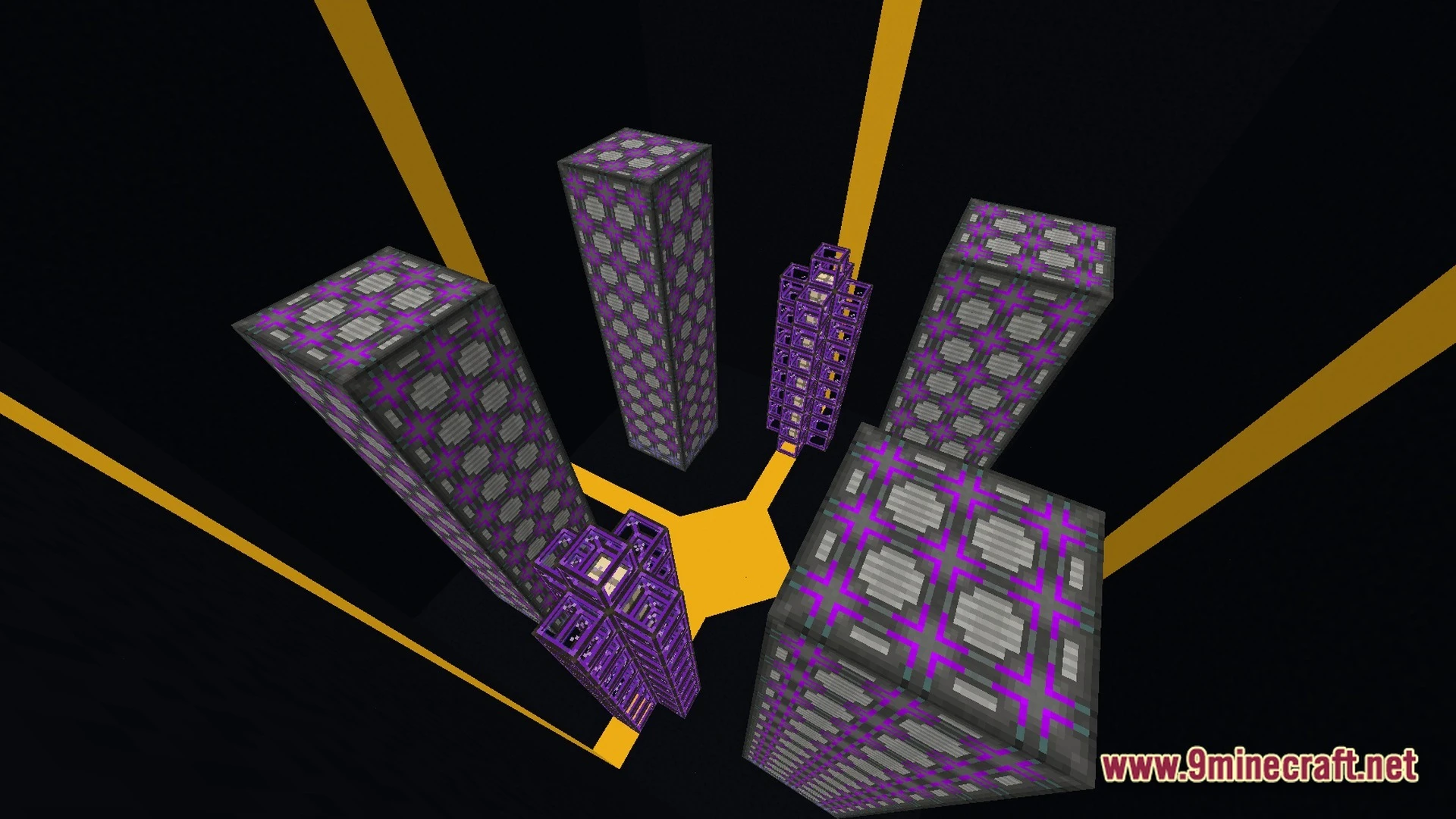 Lithic Progression Modpack (1.20.1) – Carve Automate And Conquer Below 6 Multiple applied energistics 2 me drive towers and cable structures arranged in a dark void