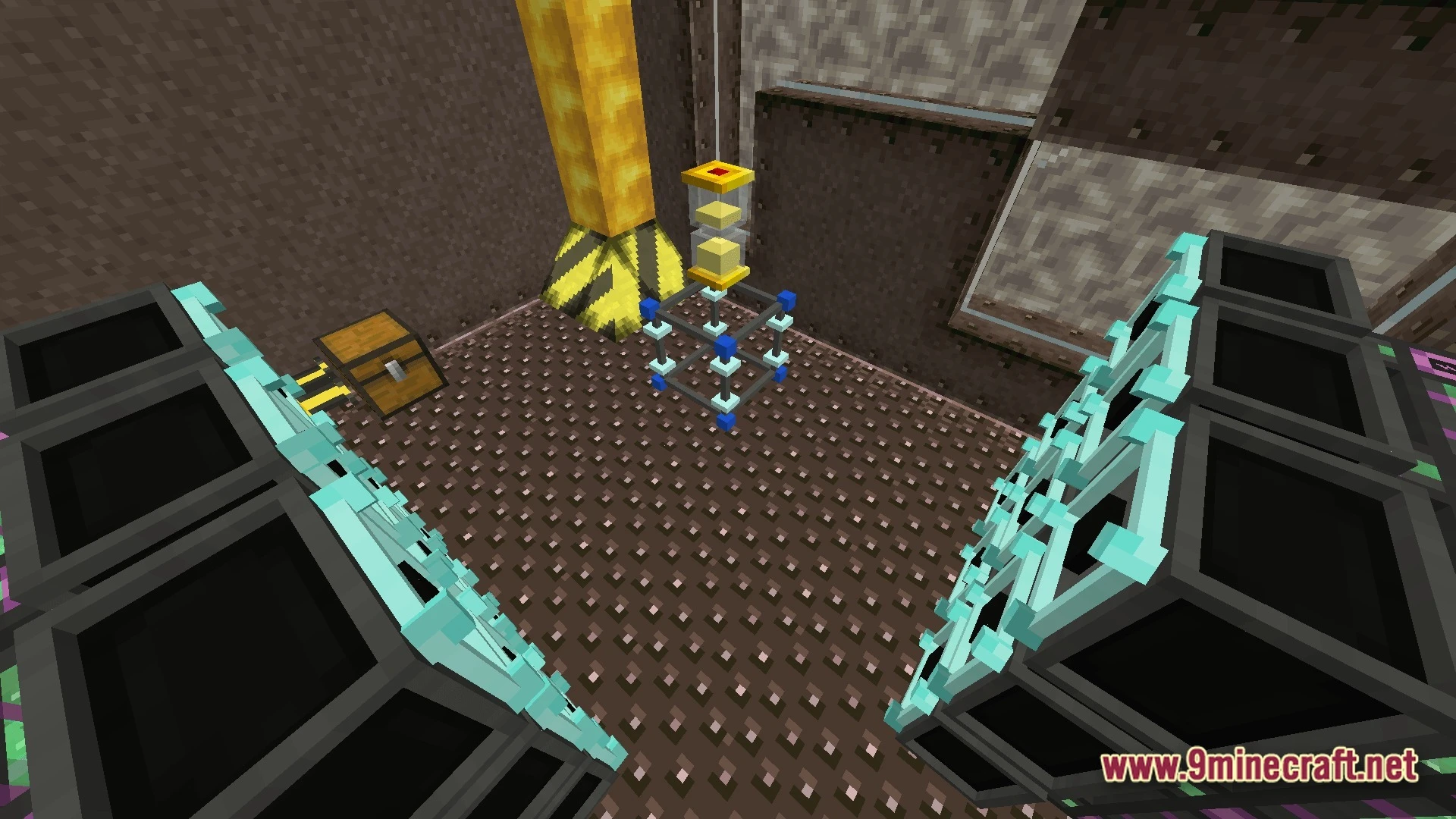 Lithic Progression Modpack (1.20.1) – Carve Automate And Conquer Below 7 An industrial interior featuring a mechanical hourglass, pipes, and large black machinery blocks on metal flooring