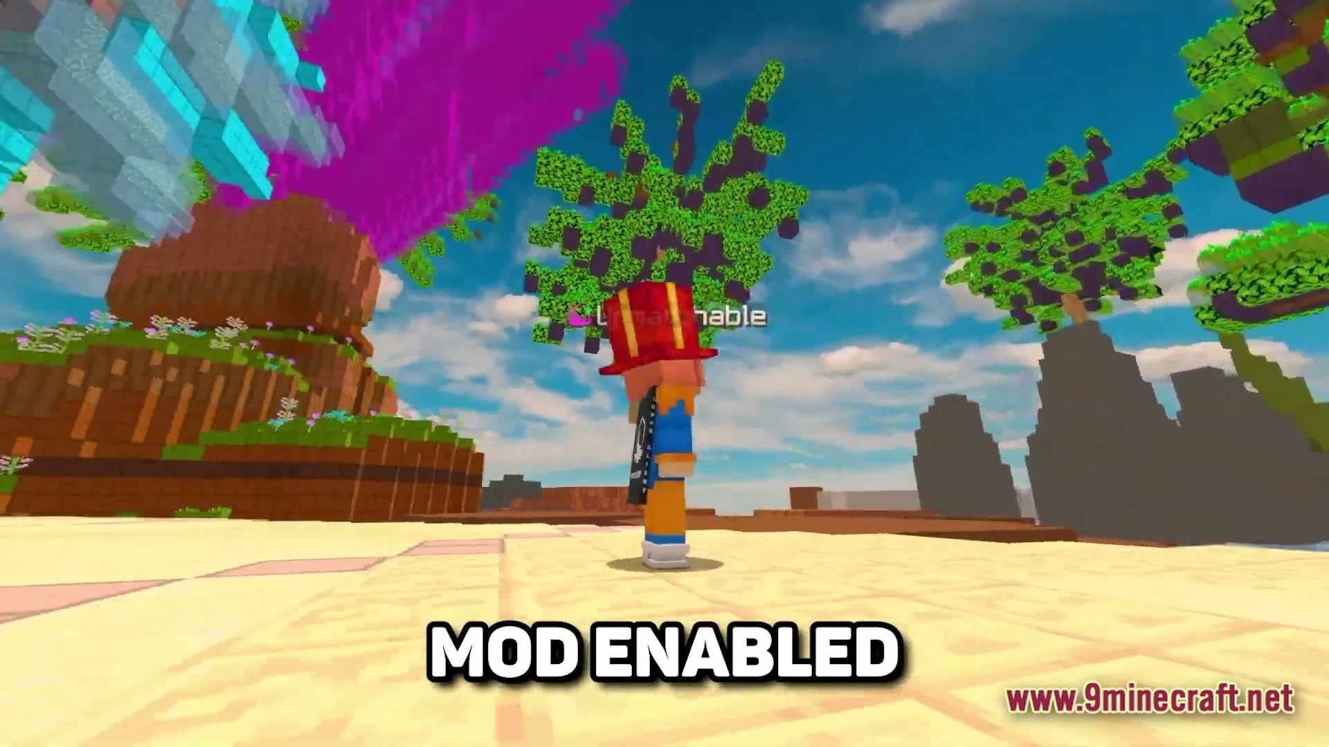 Lunar Celestial Zenith Modpack (26.1.2) – Essential Tools For Hypixel Skyblock 2 A player character stands in a vibrant landscape featuring custom trees and colorful floating structures