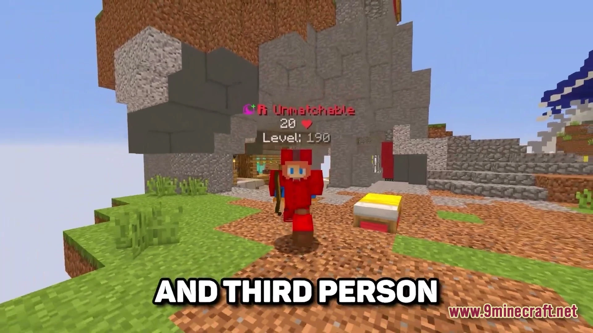 Lunar Celestial Zenith Modpack (26.1.2) – Essential Tools For Hypixel Skyblock 3 A player wearing red armor stands near a bed on a floating island in third-person view