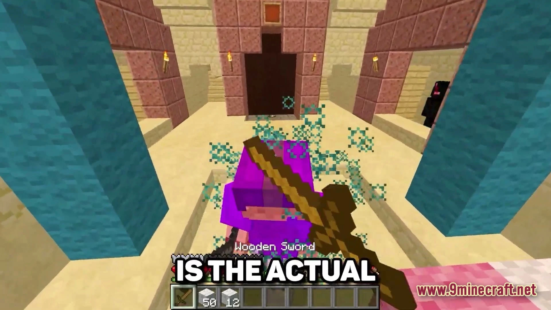 Lunar Celestial Zenith Modpack (26.1.2) – Essential Tools For Hypixel Skyblock 4 A player holding a wooden sword stands inside a desert temple structure with various colored blocks