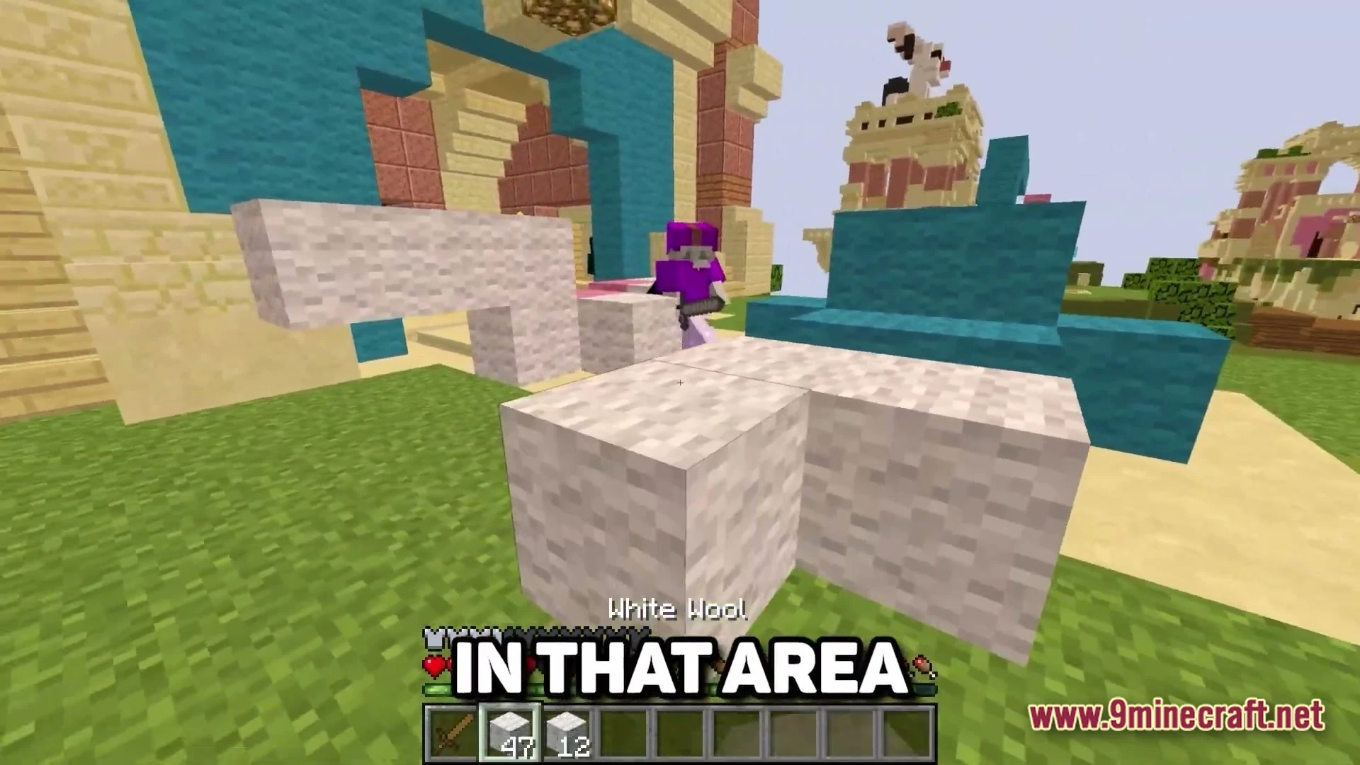 Lunar Celestial Zenith Modpack (26.1.2) – Essential Tools For Hypixel Skyblock 5 A player in purple armor places white wool blocks near colorful structures in a grassy field