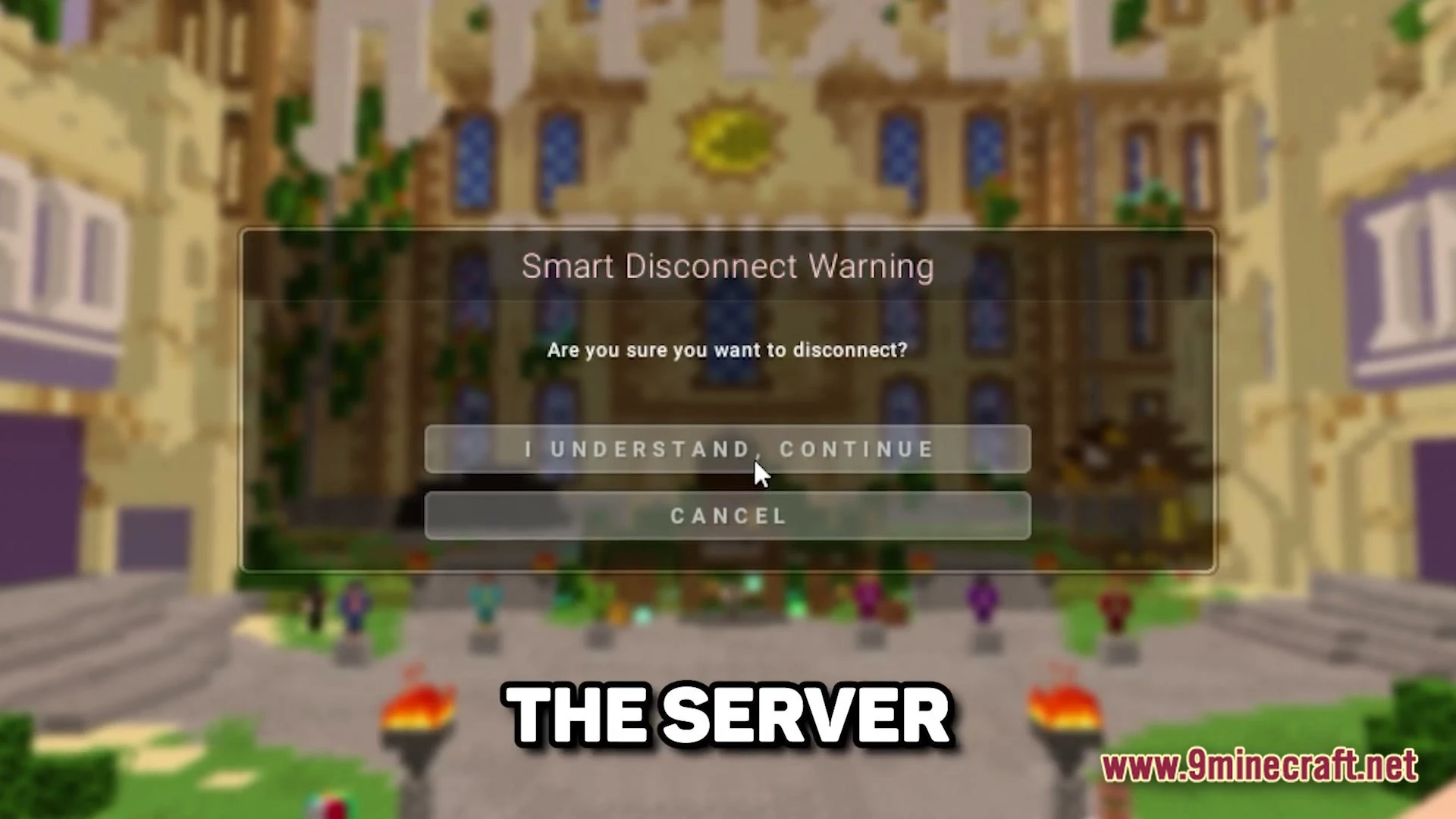 Lunar Celestial Zenith Modpack (26.1.2) – Essential Tools For Hypixel Skyblock 6 A smart disconnect warning interface overlaying a blurred minecraft server lobby with various player characters