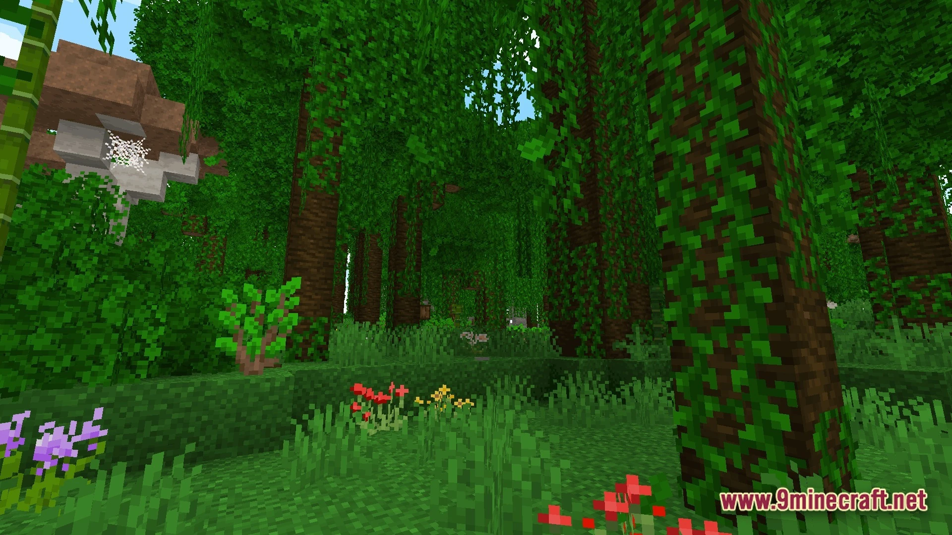 Mystic Realm Awakened Modpack (1.20.1) – Magic Mystery And Hard Survival 2 A dense jungle biome featuring tall trees covered in vines, wild flowers, and a large mushroom