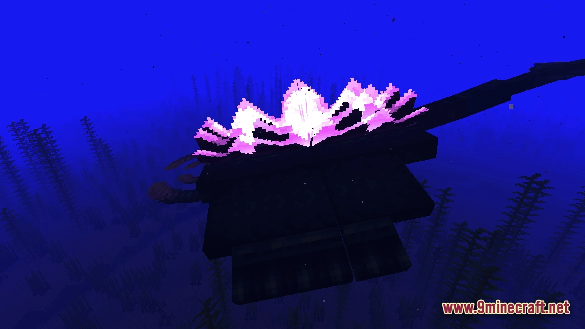 Mystic Realm Awakened Modpack (1.20.1) – Magic Mystery And Hard Survival 5 A large aquatic creature with a glowing pink dorsal structure swims through a deep ocean biome