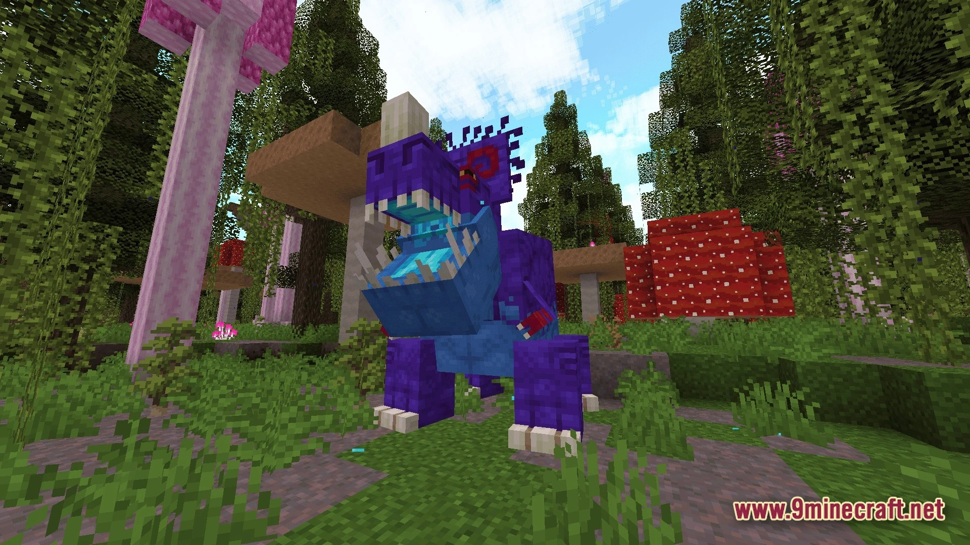 Mystic Realm Awakened Modpack (1.20.1) – Magic Mystery And Hard Survival 6 A large purple and blue dinosaur creature stands within a vibrant mushroom forest biome
