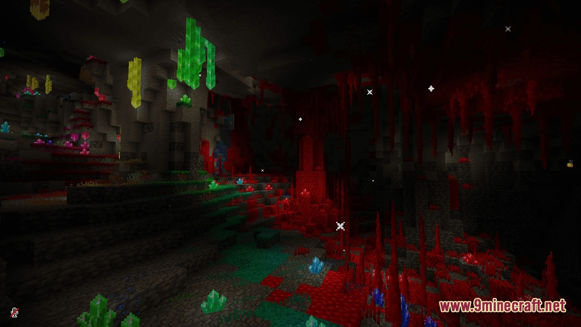 Mystic Realm Awakened Modpack (1.20.1) – Magic Mystery And Hard Survival 7 A dark cavern filled with glowing crystals and red stalactites from the mystic realm awakened modpack