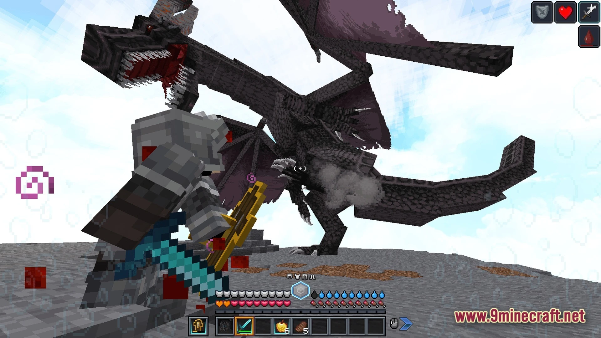 Mystic Realm Awakened Modpack (1.20.1) – Magic Mystery And Hard Survival 8 An armored player engages a large black dragon in combat on a rocky mountain peak
