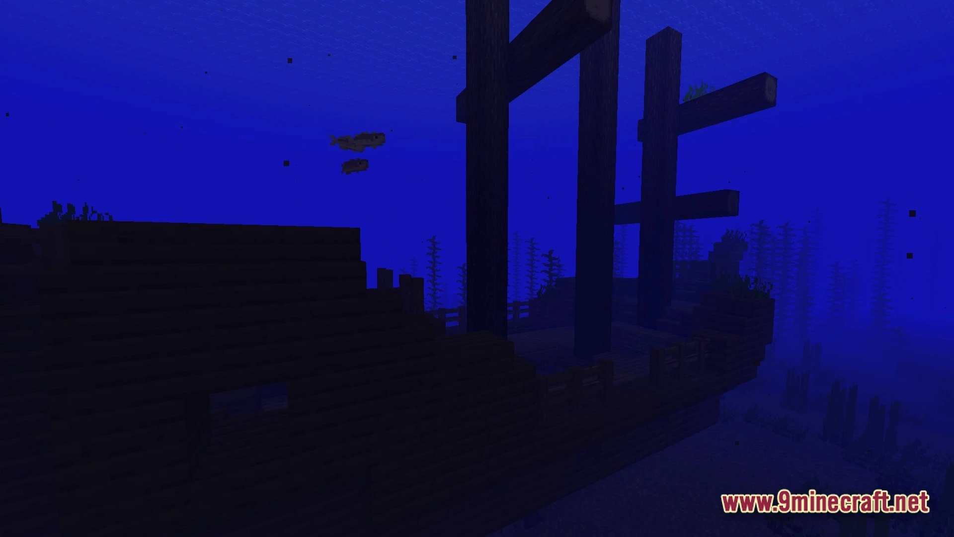 Mystic Realm Awakened Modpack (1.20.1) – Magic Mystery And Hard Survival 10 A wooden shipwreck structure sits on the ocean floor surrounded by kelp and swimming fish